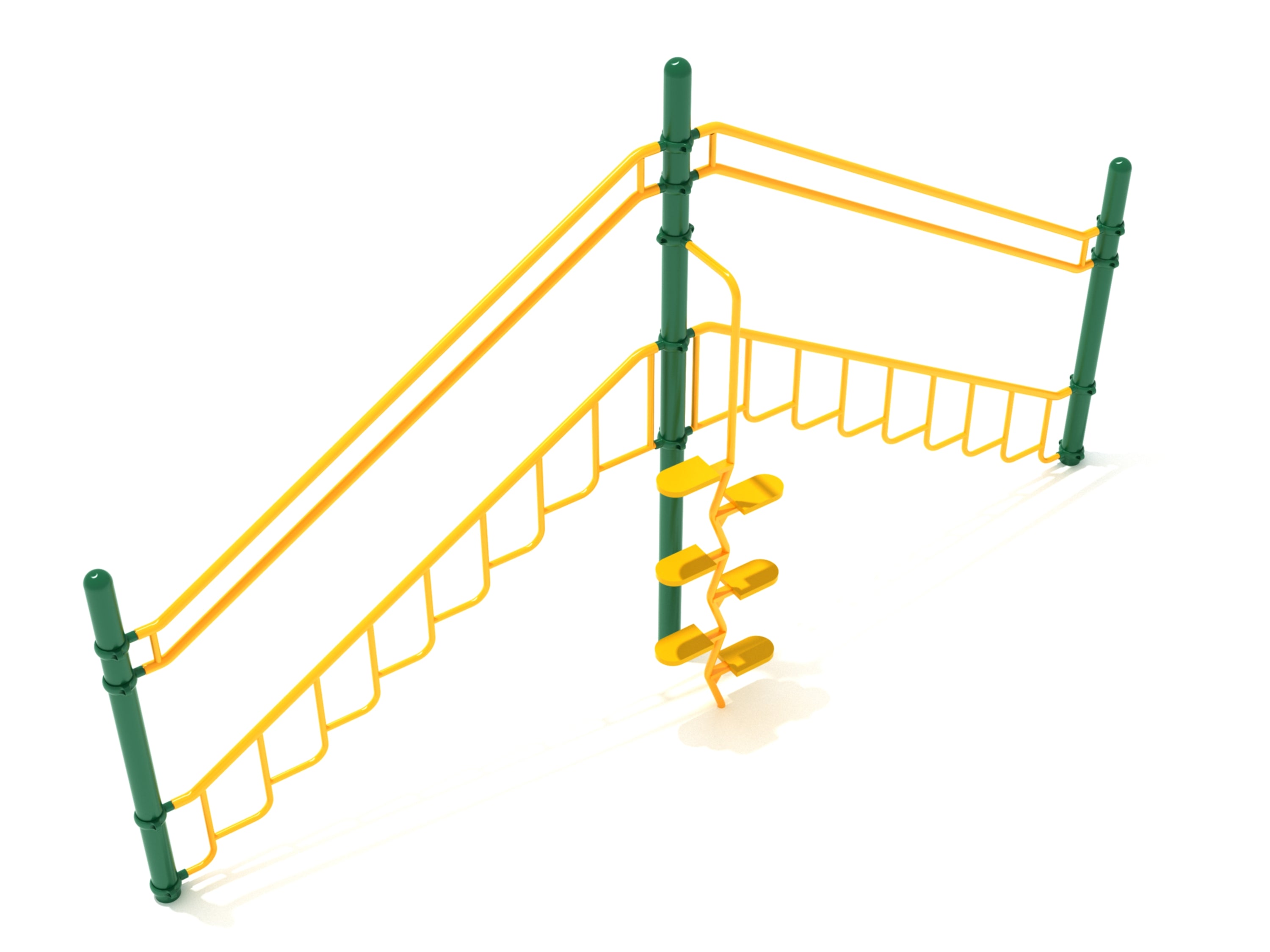 Outdoor playground climber with green vertical posts, yellow angled rail ladders, and central spiral steps for active play