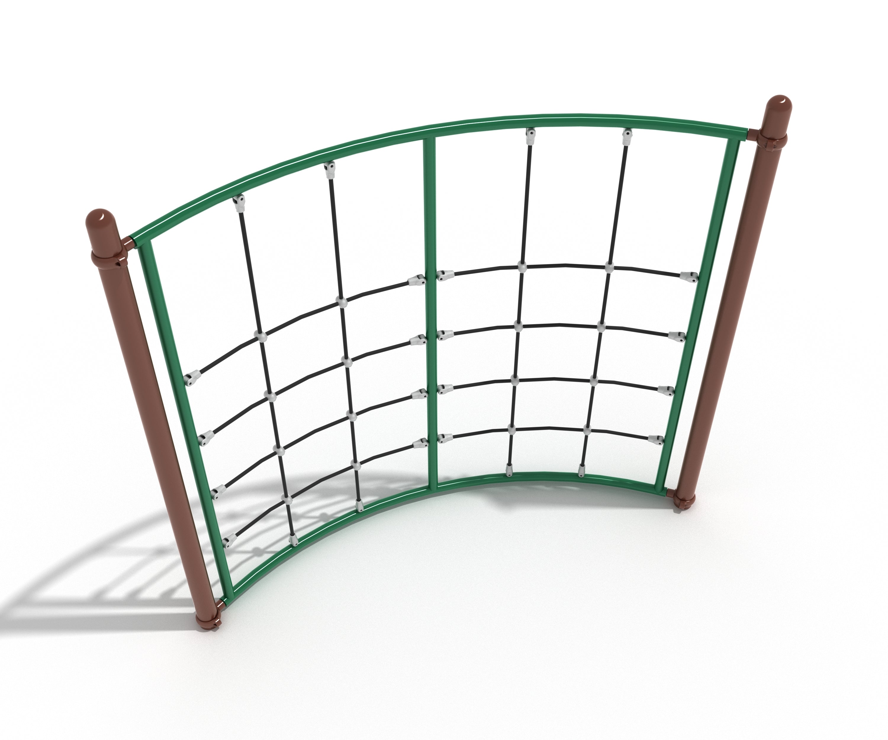 Curved playground climbing net with green frame, brown posts, and black rope web for fitness and coordination