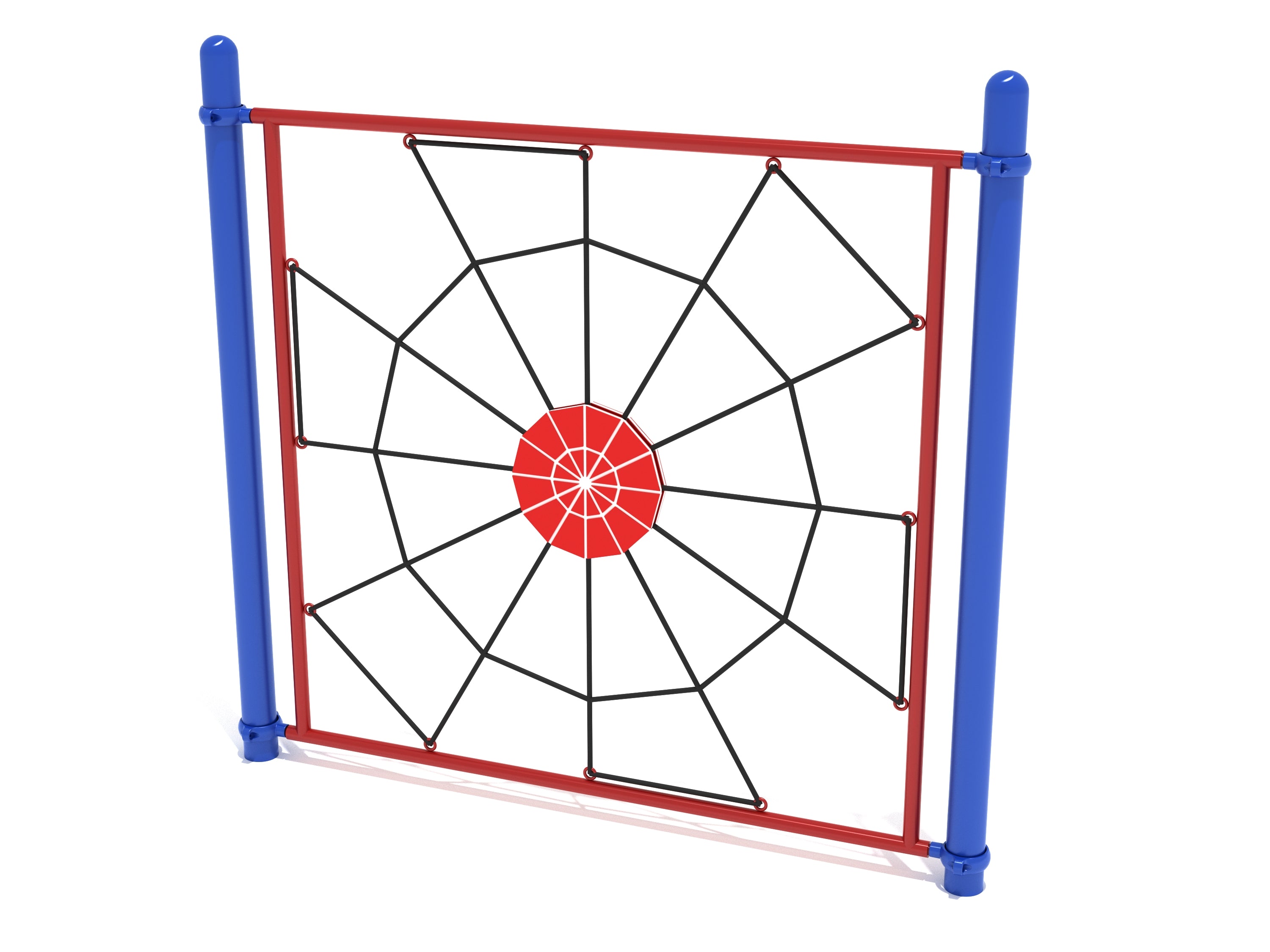 Playground climbing net with geometric web pattern, red frame, blue posts, and central red hub for active play