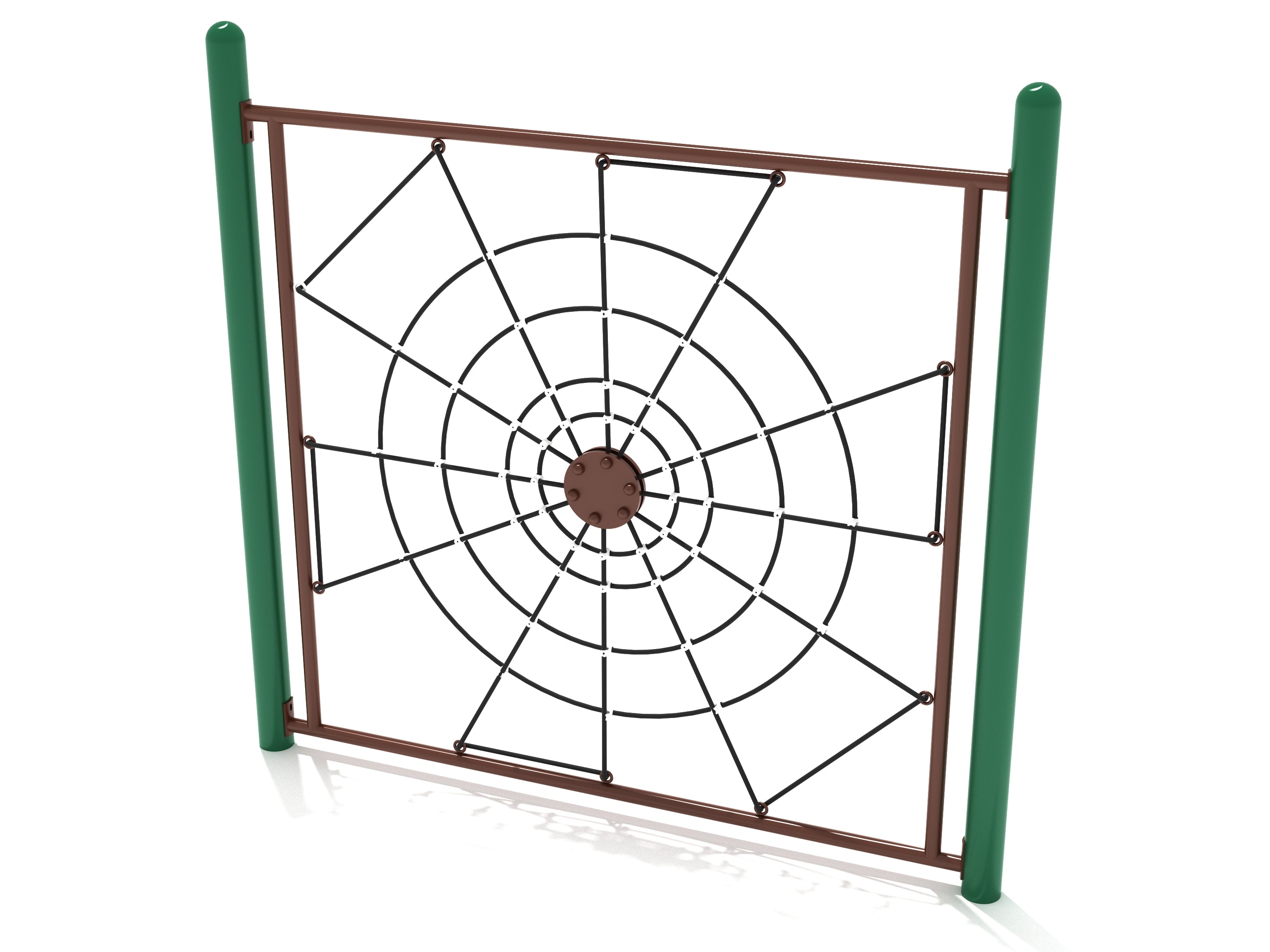 Outdoor climbing structure with geometric black rope web, brown frame, green vertical posts, and vibrant center hub