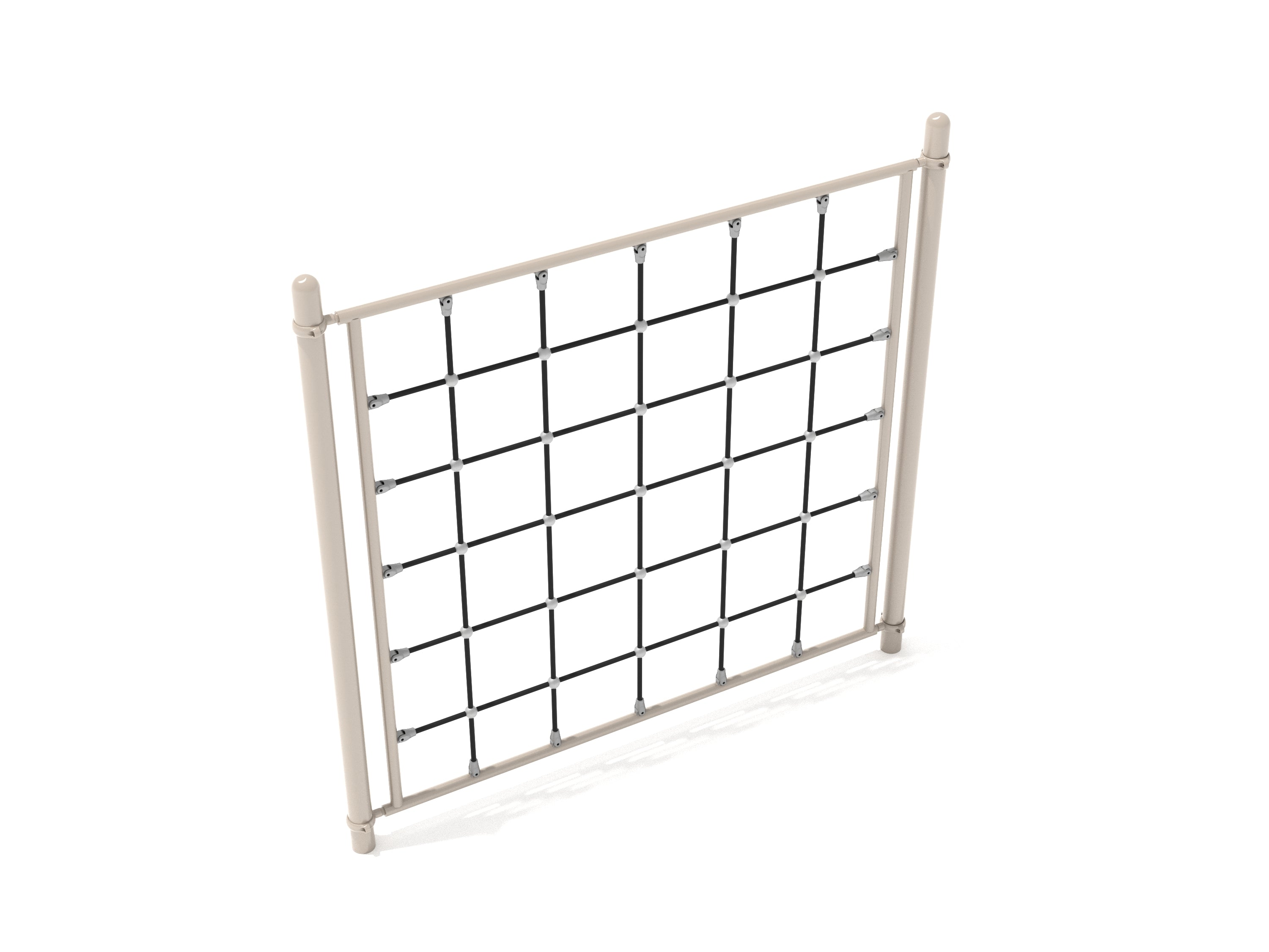 Beige metal frame with black square grid rope net climber angled view, playground climbing equipment for active play and coordination