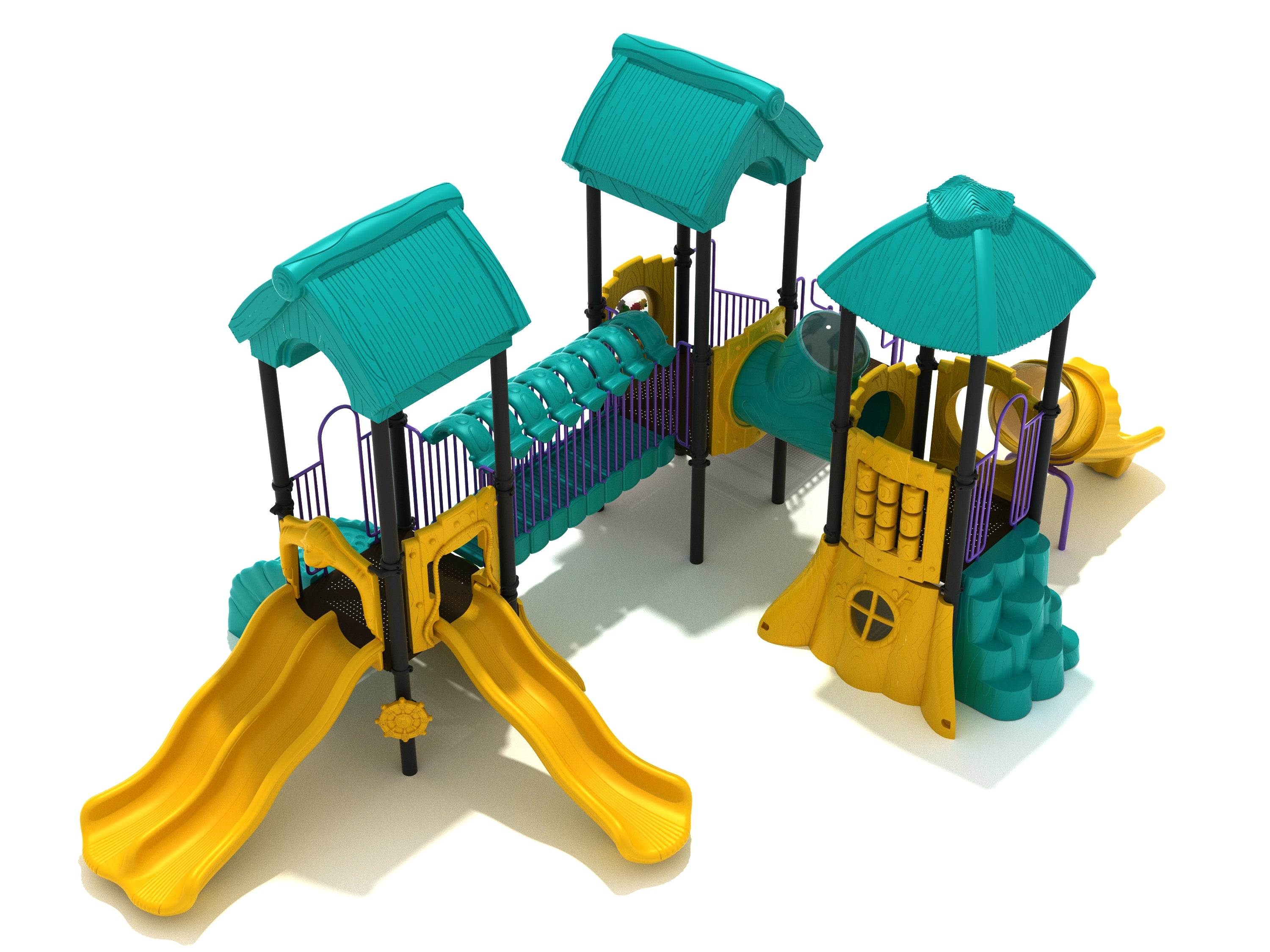Ellie Elephant Playground with teal roofs, yellow slides, climbing features, and a tunnel in a whimsical elephant-themed design