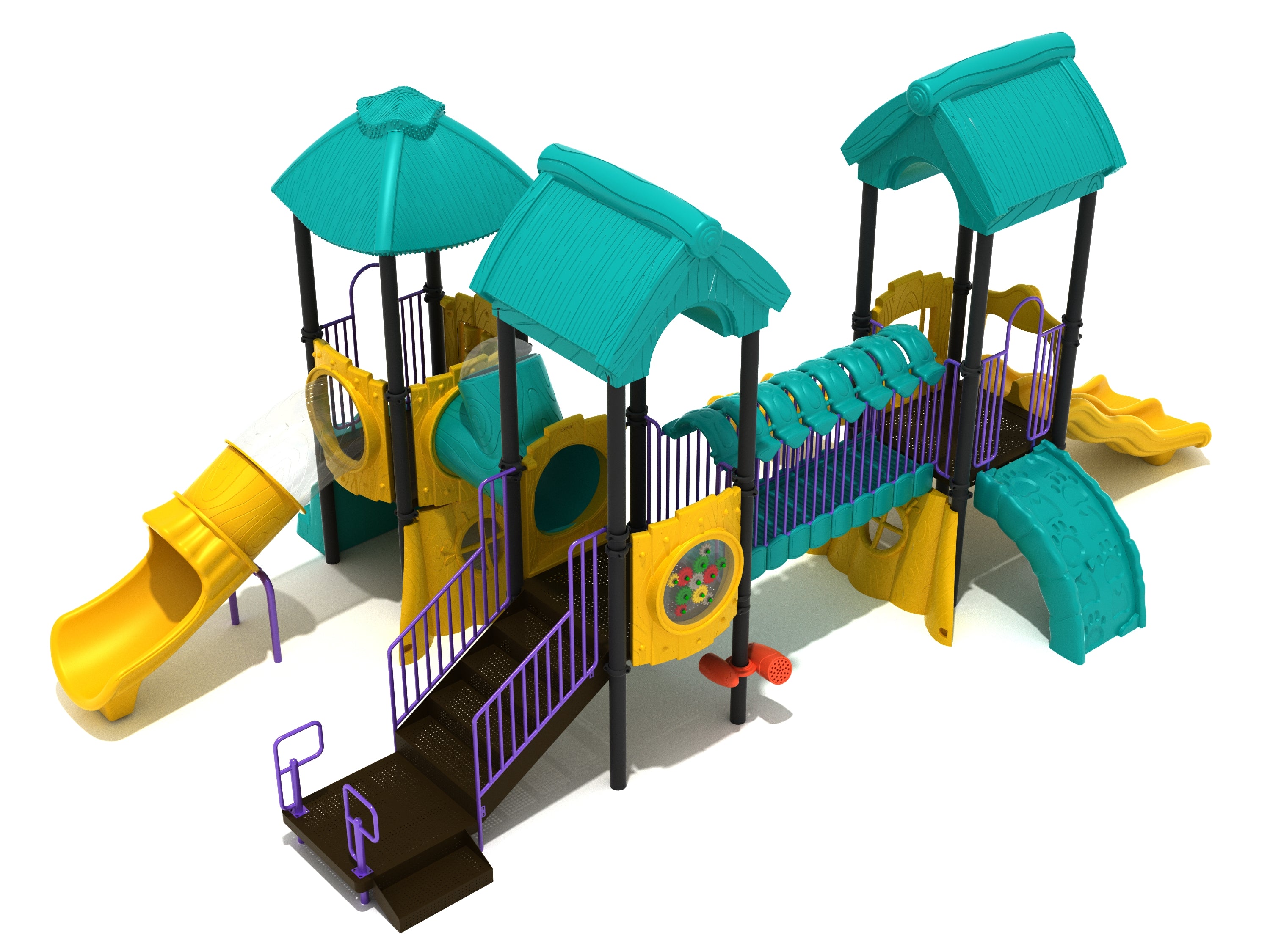 Colorful elephant-themed outdoor playground with slides, climbing walls, tunnels, and sensory panels for active play and learning.