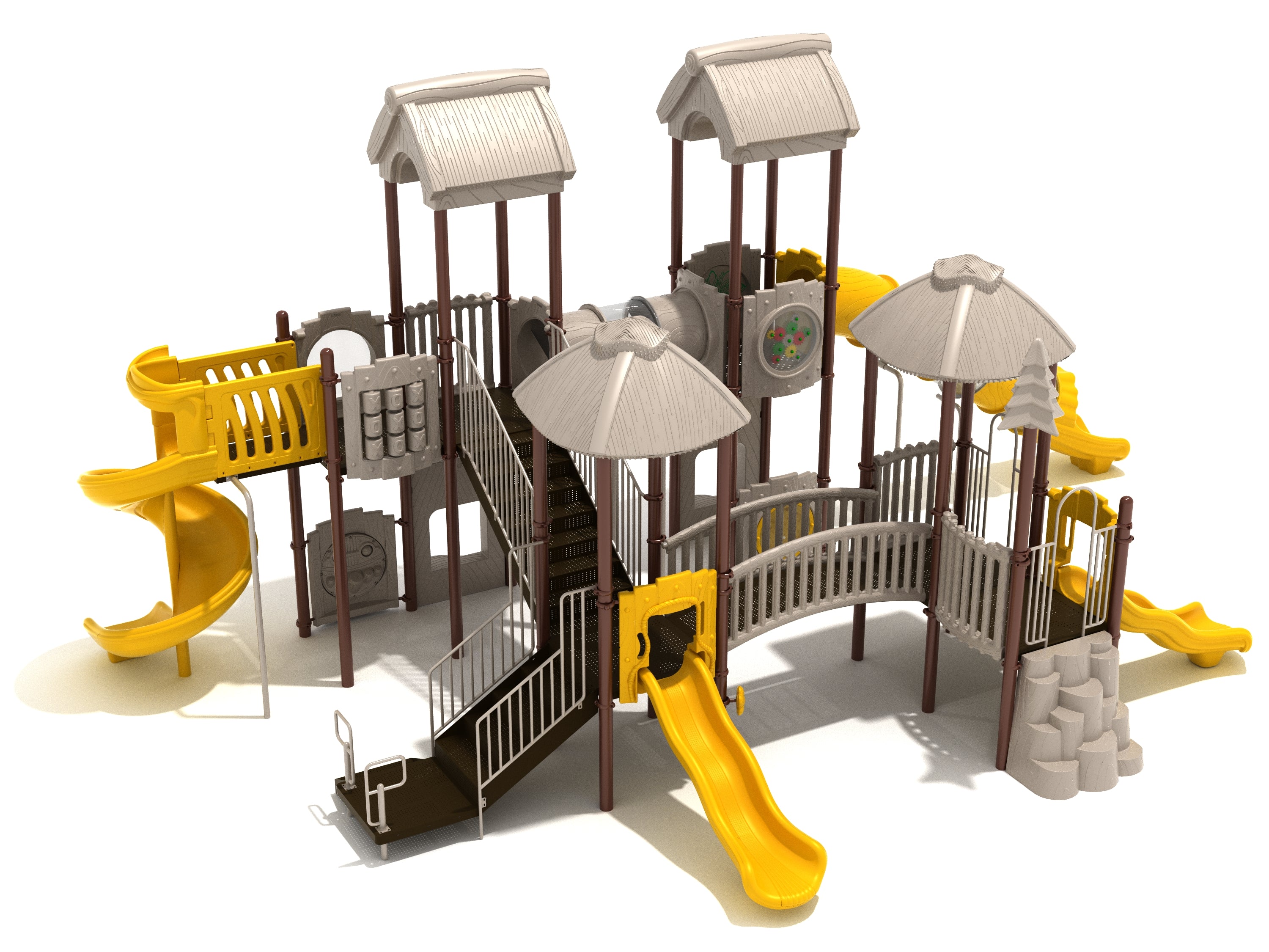 Outdoor playground with yellow slides, climbing structures, bridges, and shaded platforms for active children's play and exploration.