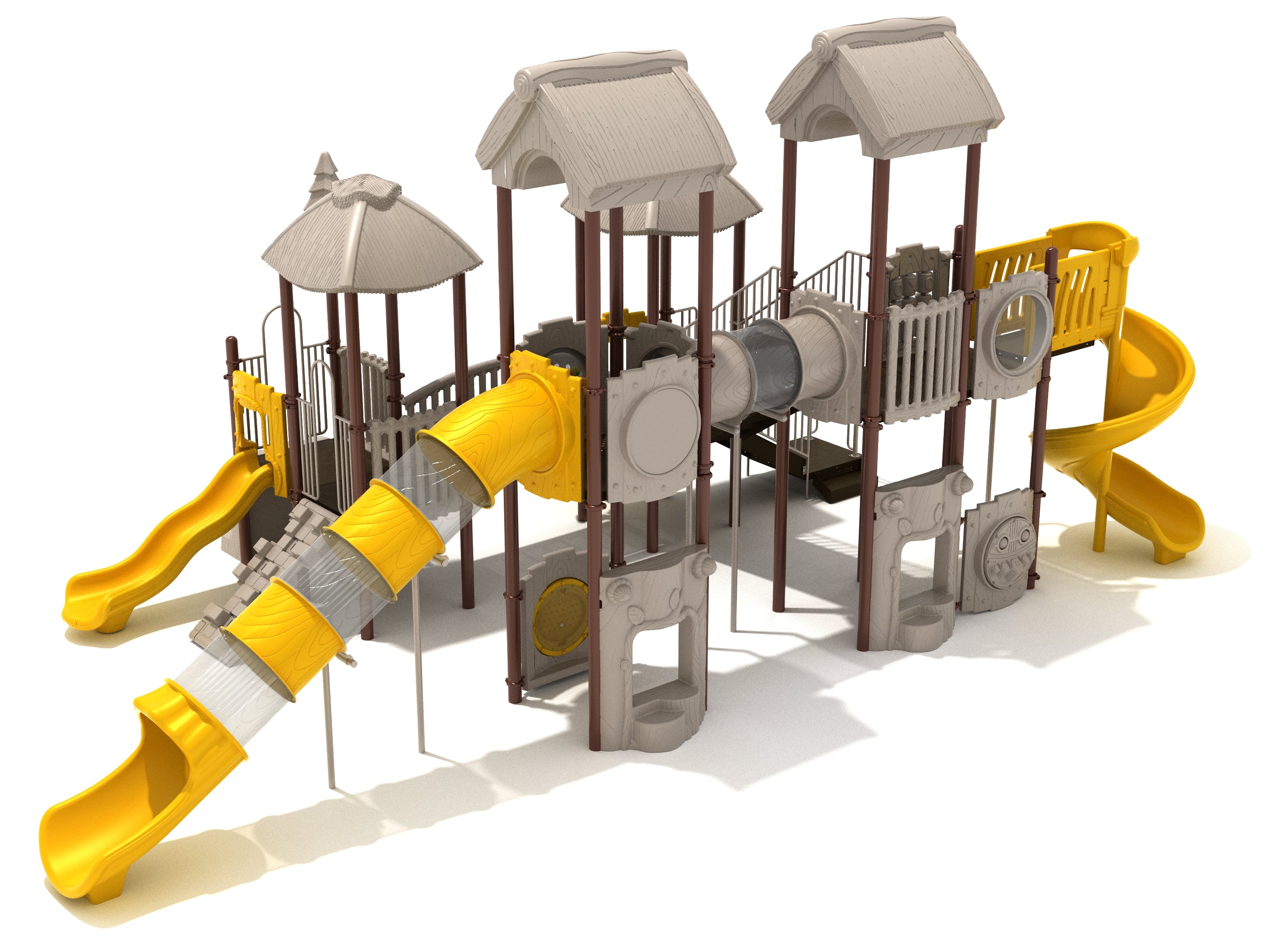 Hyena Hideout Playground with yellow slides, climbing walls, tunnels, and roofed platforms in a durable outdoor play system