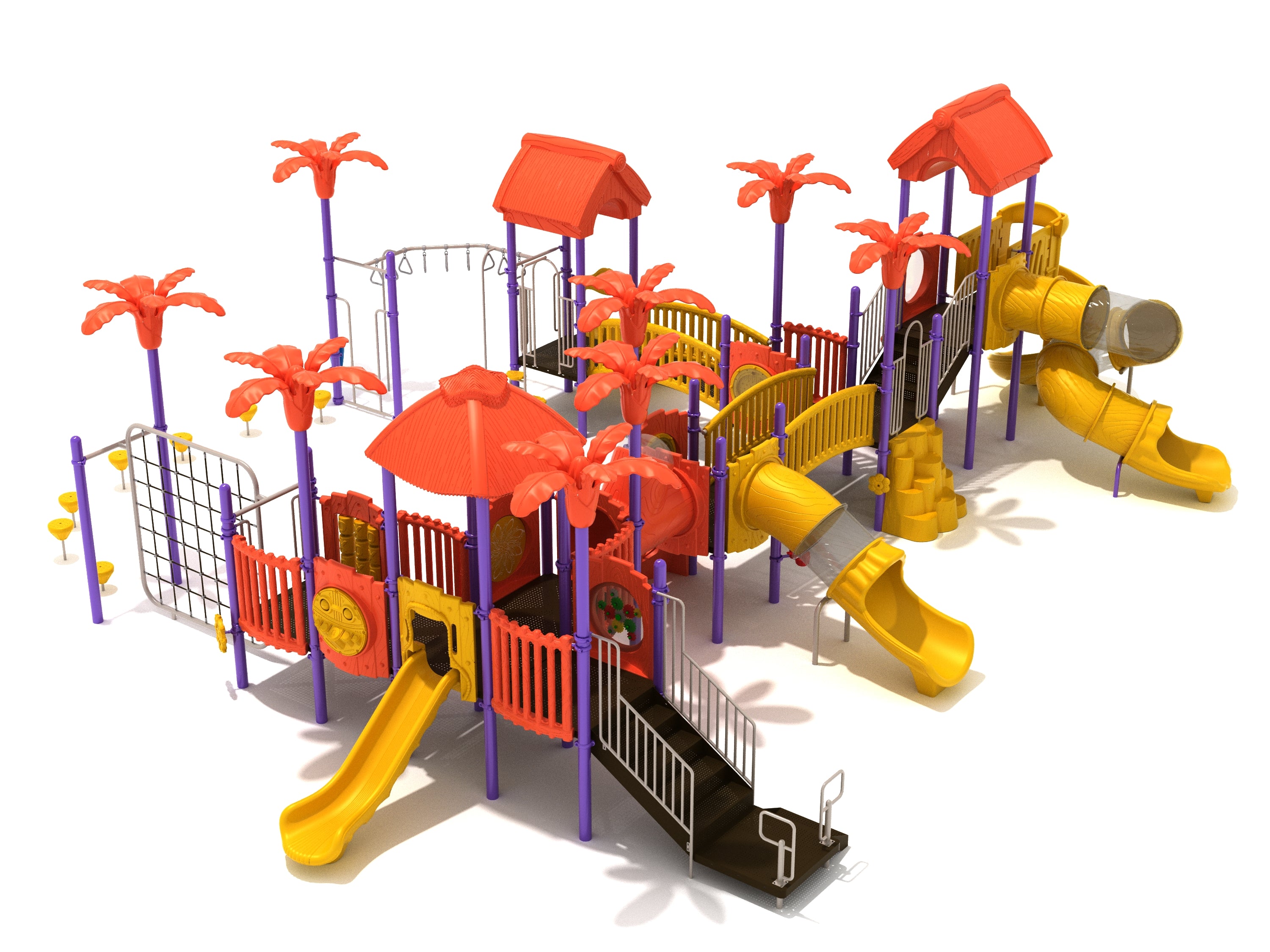 Mandrake Mangrove Playground with vibrant orange mangrove canopies, yellow slides, climbing nets, and interactive play panels