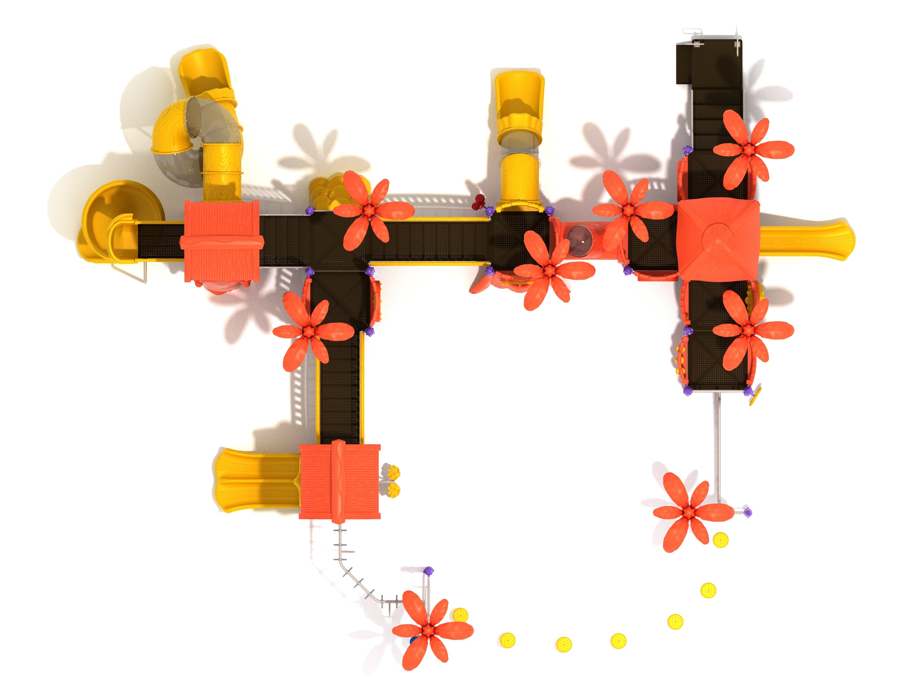Overhead view of a mangrove-themed playground with yellow slides, red flower canopies, and interconnected climbing platforms