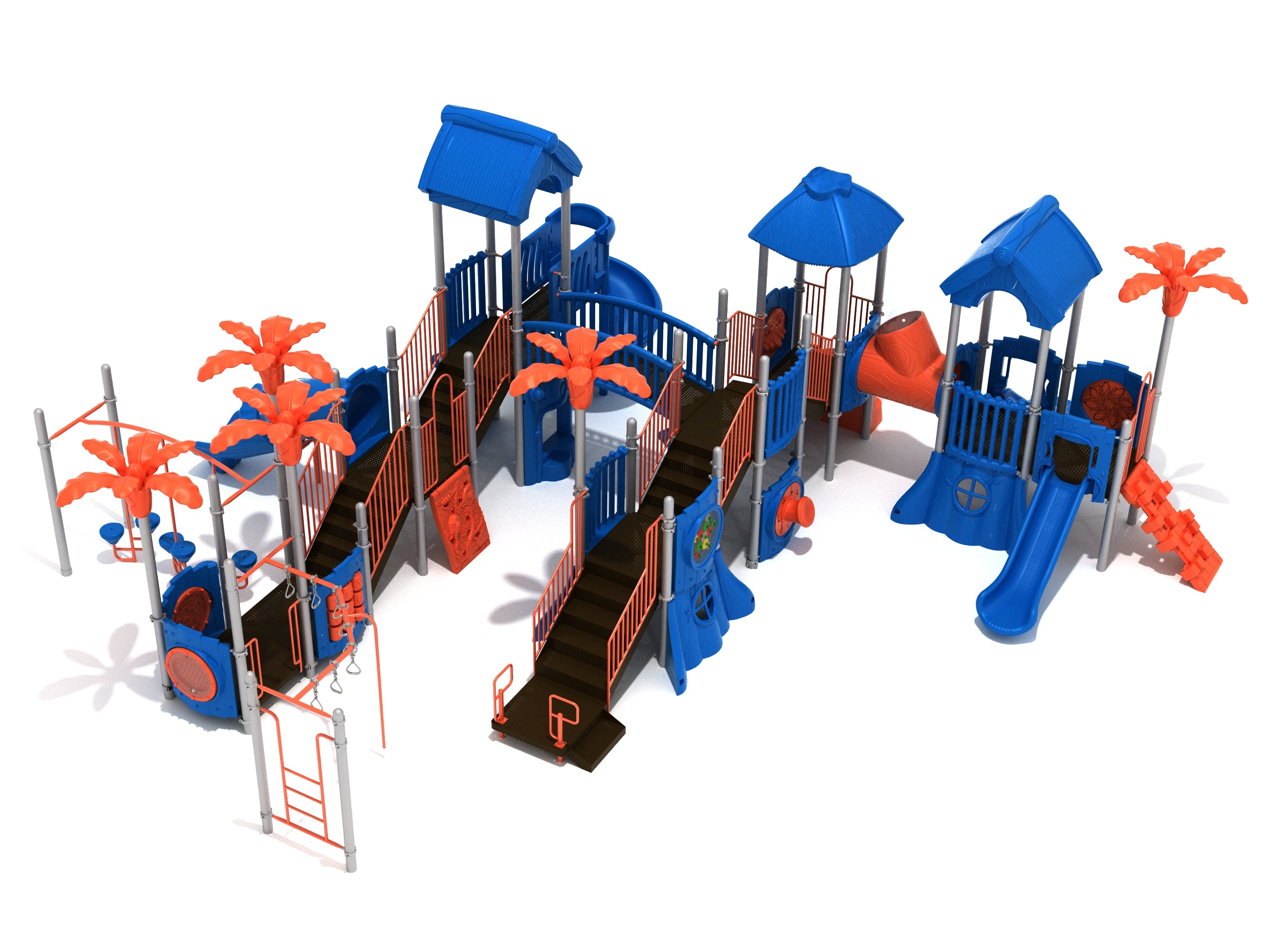 Outdoor playground structure with blue roofs, orange palm tree accents, multiple slides, climbing elements, and bridges.