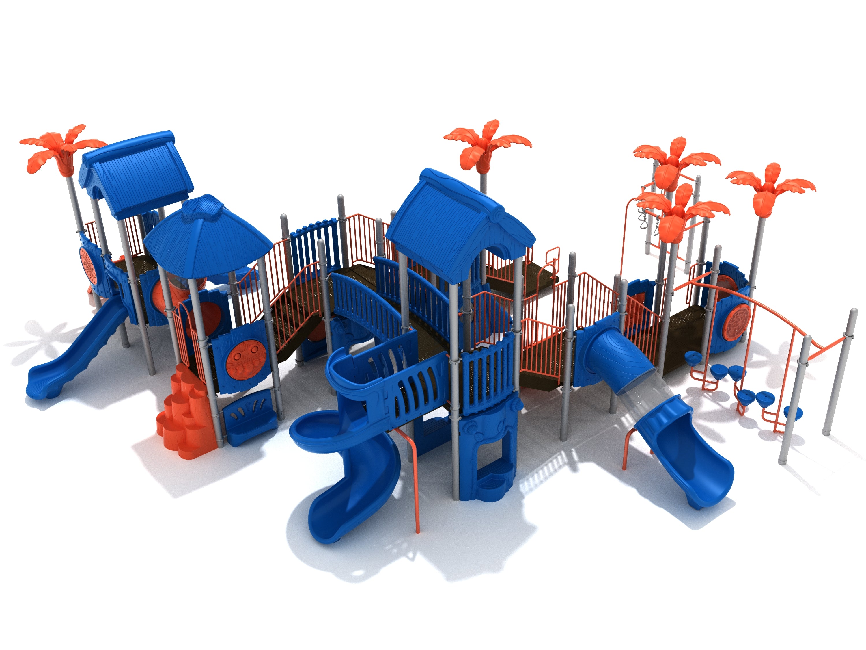 Gabby Gibbon Playground with blue-orange towers, three slides including a tube slide, climbers, bridges, and palm tree toppers in a tropical outdoor setting