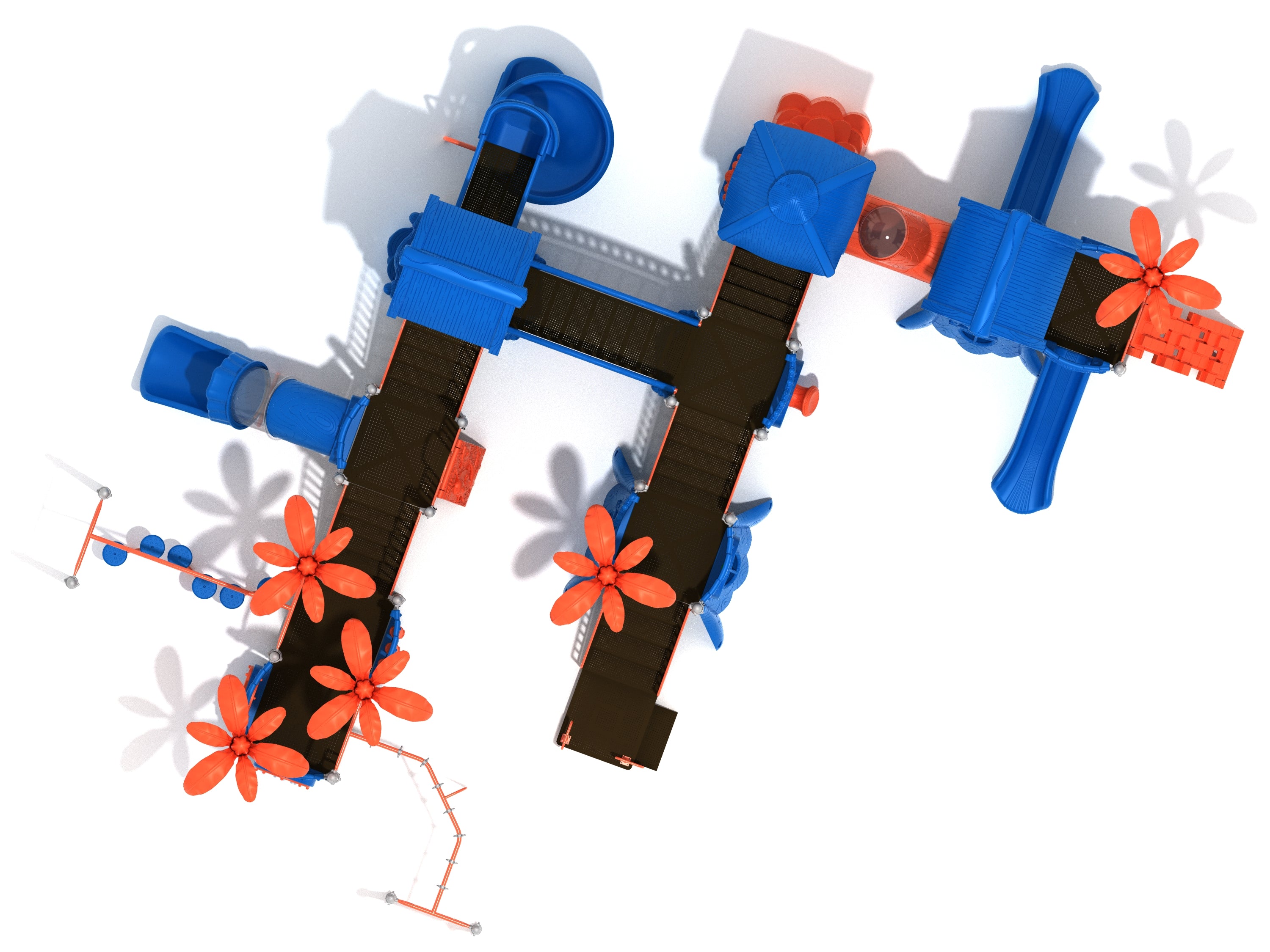 Overhead view of a large playground structure with blue slides, climbing elements, and orange flower-shaped panels
