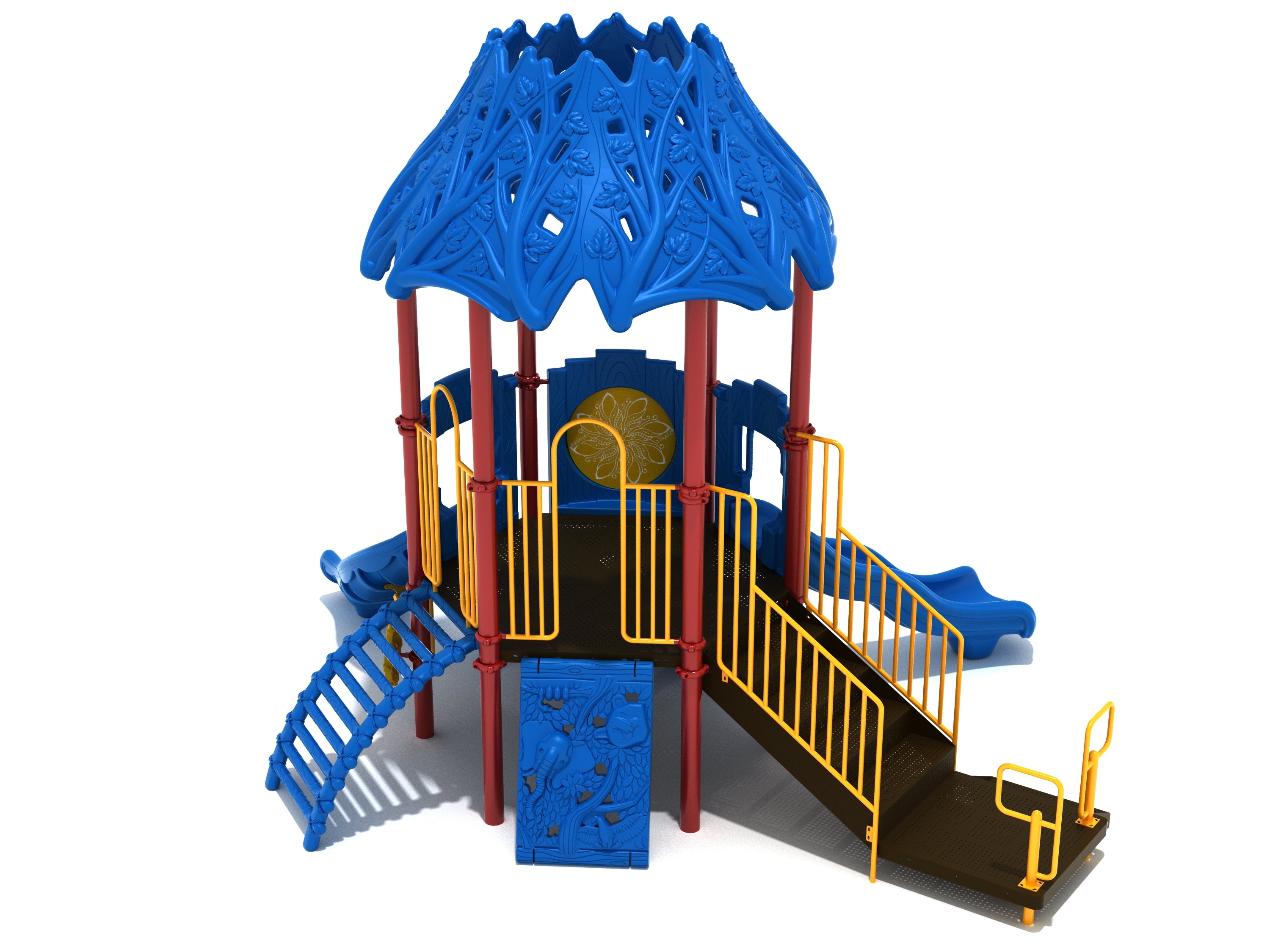 Colorful playground with blue leaf-patterned roof, yellow railings, climbing ladder, ramp, and slide, featuring tropical palm tree accents