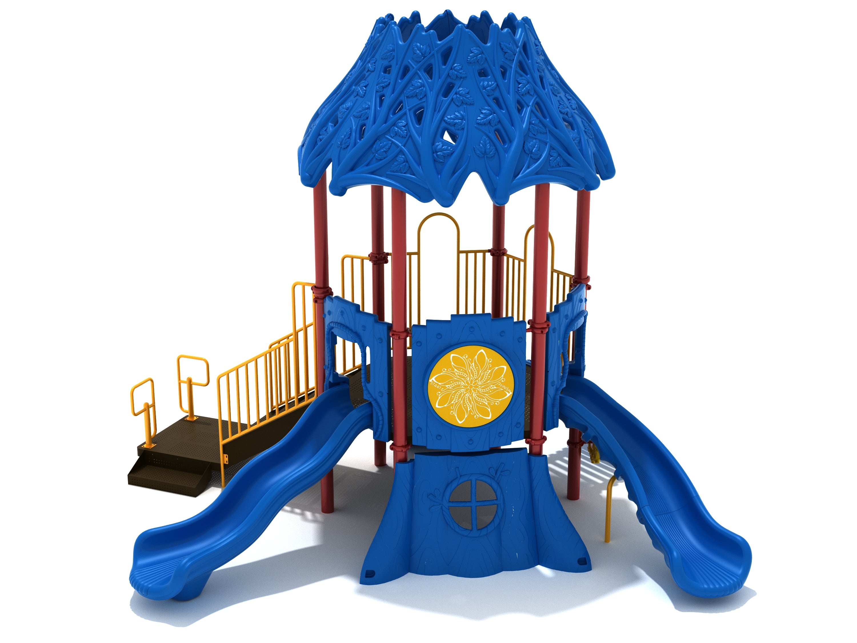 Palm Place Playground with blue palm-leaf canopy, dual blue slides, yellow rails, and elevated climbing deck in tropical outdoor setting