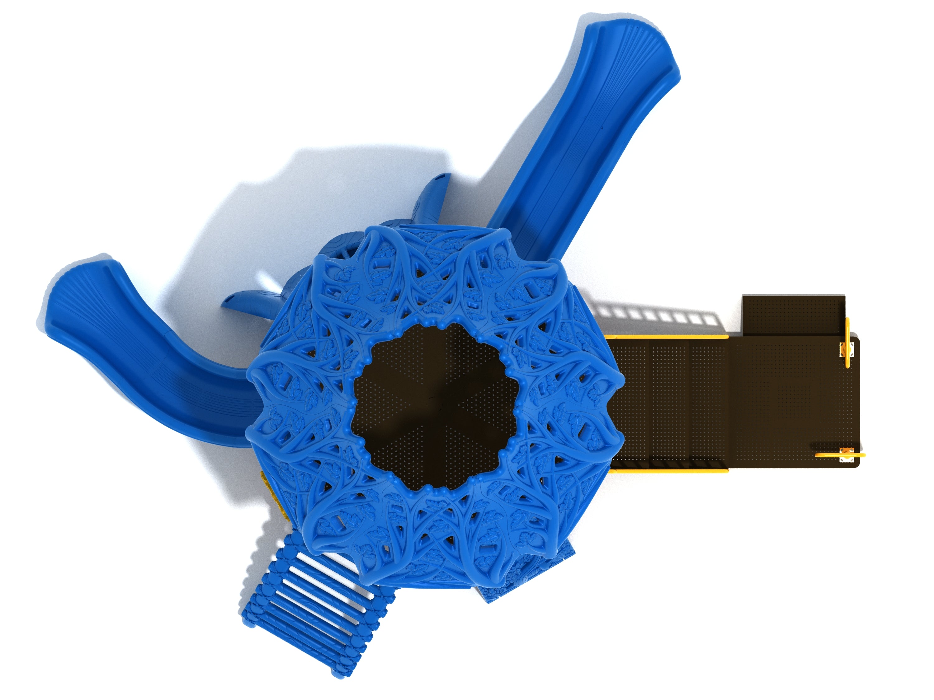 Overhead view of a blue playground structure with slides, climbing elements, platforms, safety rails, and tropical palm tree accents
