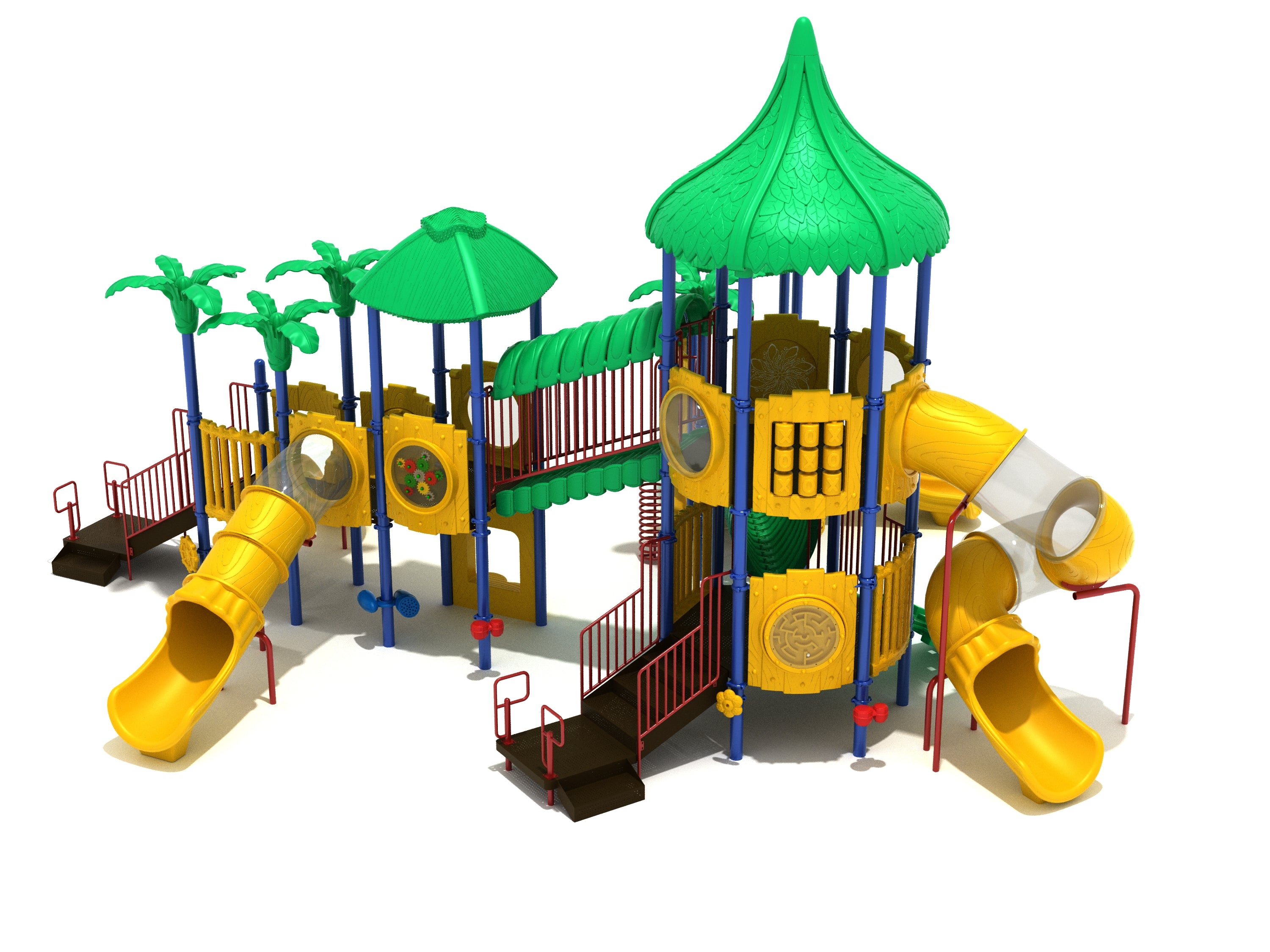 Mamba Maverick Playground with green leaf-themed roofs, yellow slides, climbing structures, and interactive play panels
