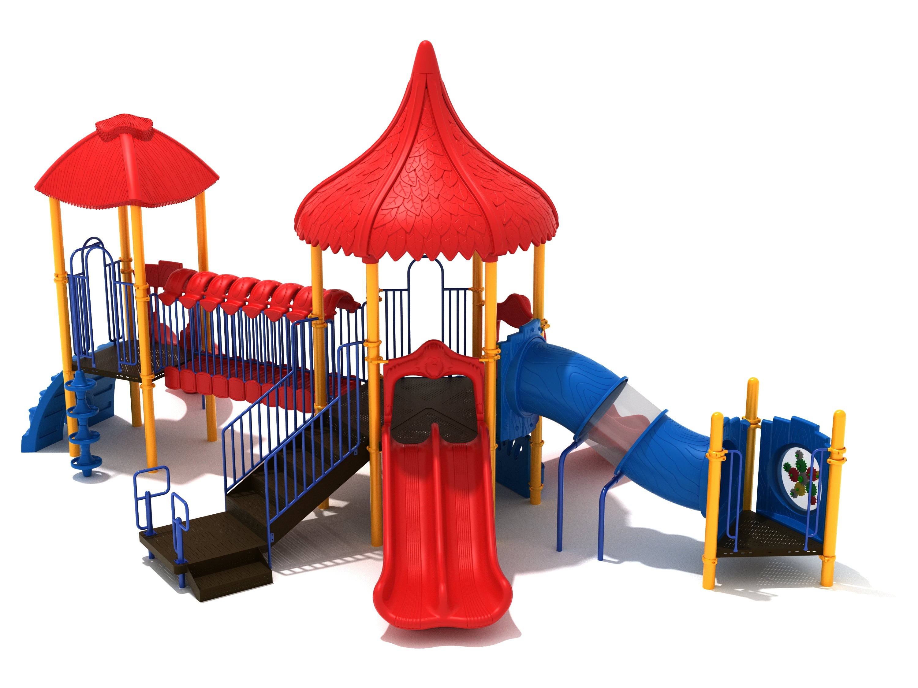 Colorful outdoor playground with red and blue slides, climbing elements, and yellow support poles in a crocodile-themed design.