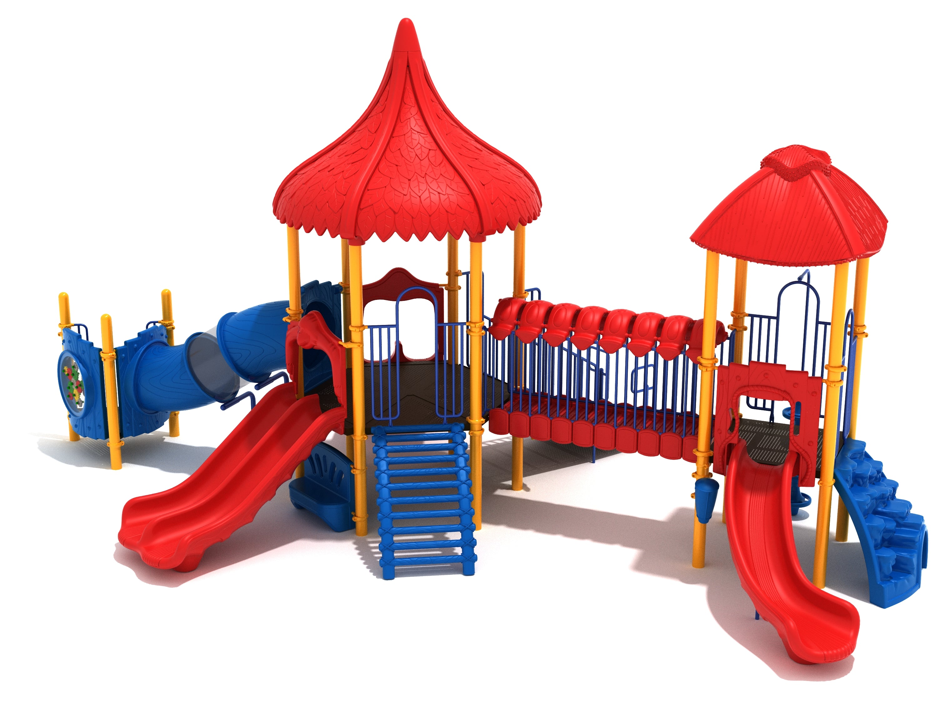 Cantankerous Crocodile Playground with red slides, blue climbing steps, yellow supports, and a covered bridge play structure