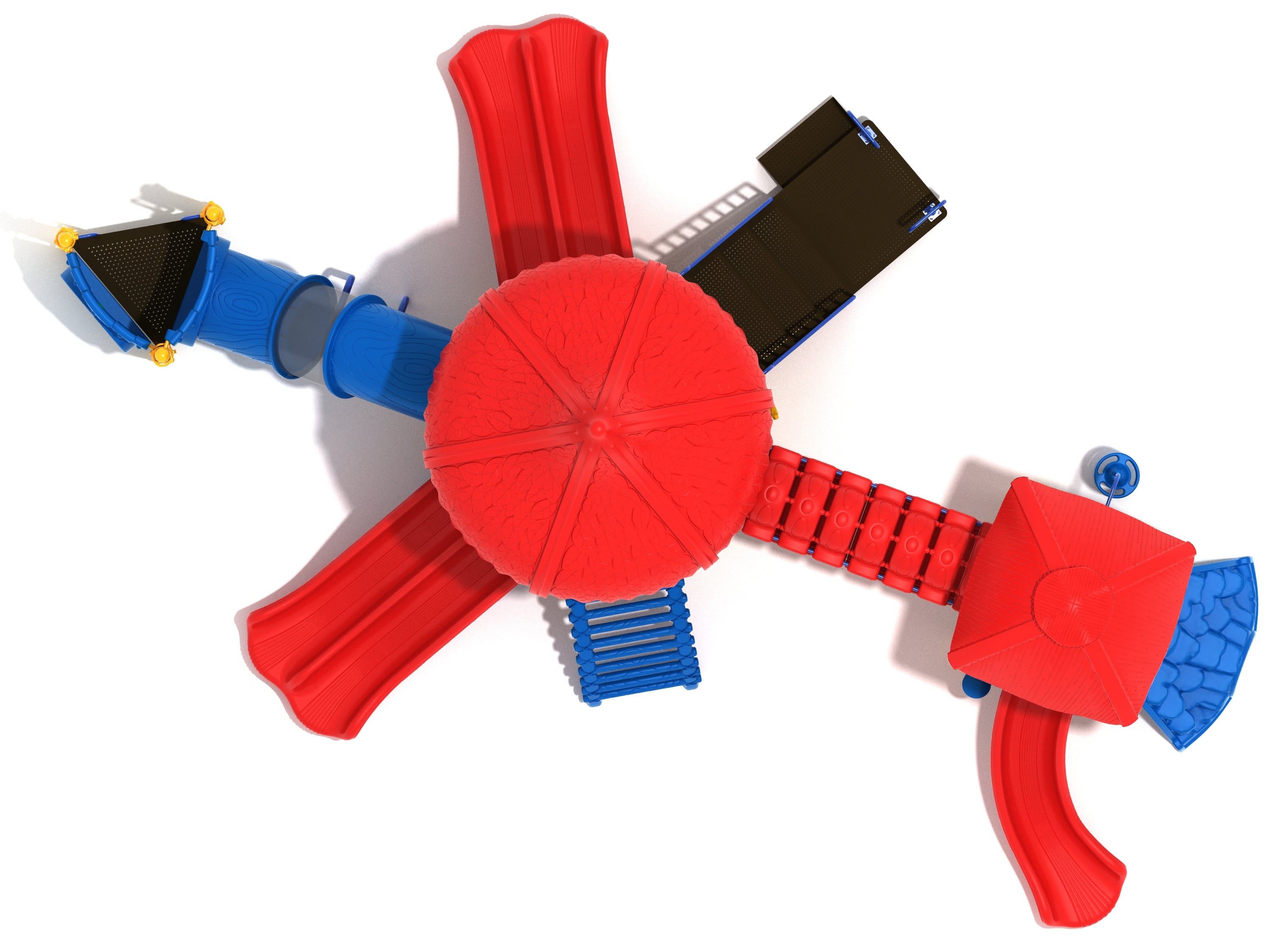 Overhead view of colorful crocodile-themed playground with red slides, blue climbing elements, and central red canopy
