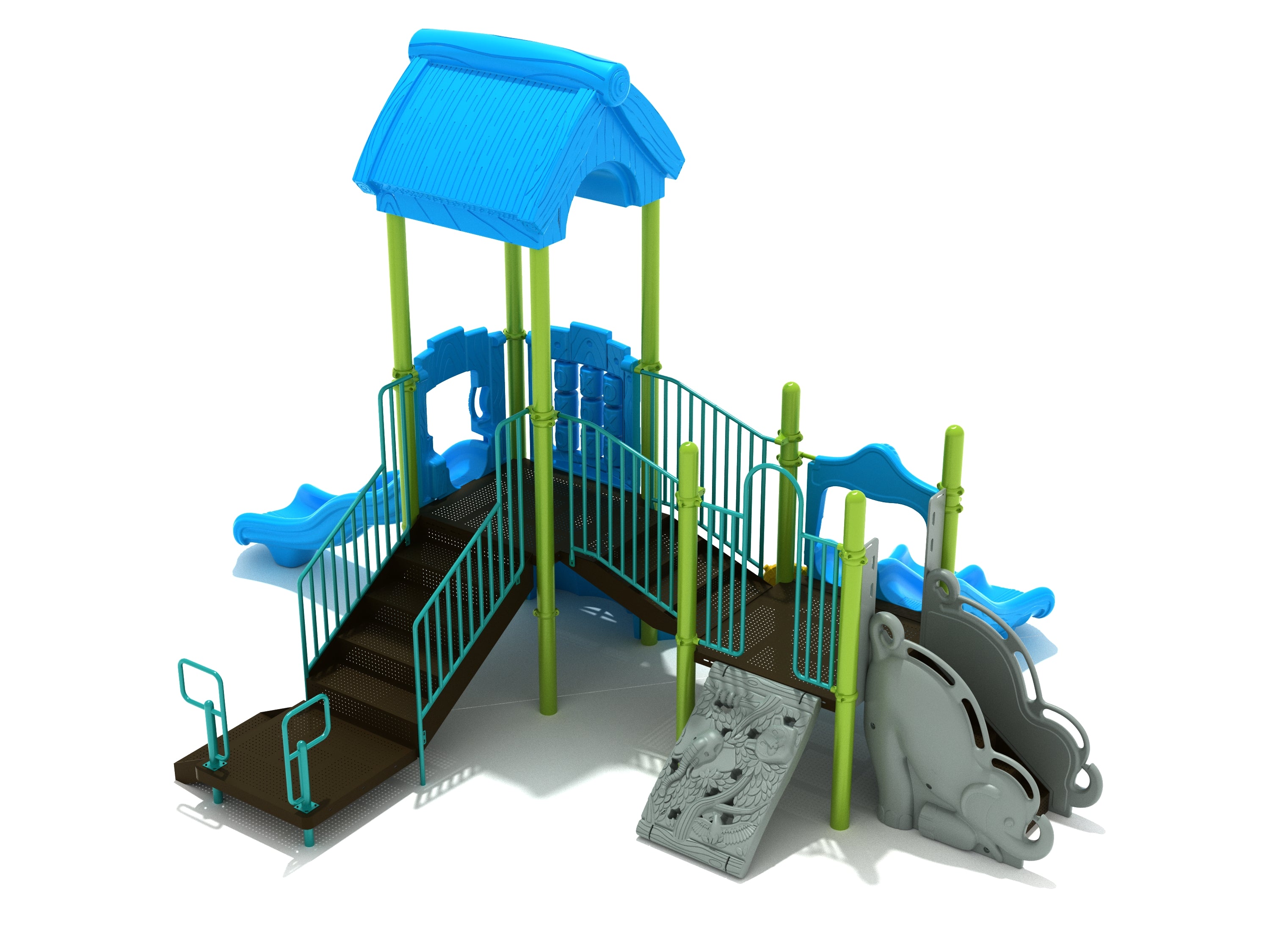 Colorful playground structure with blue roof, green poles, slides, stairs, and animal-themed climbing panels including a bobcat-shaped bounce element