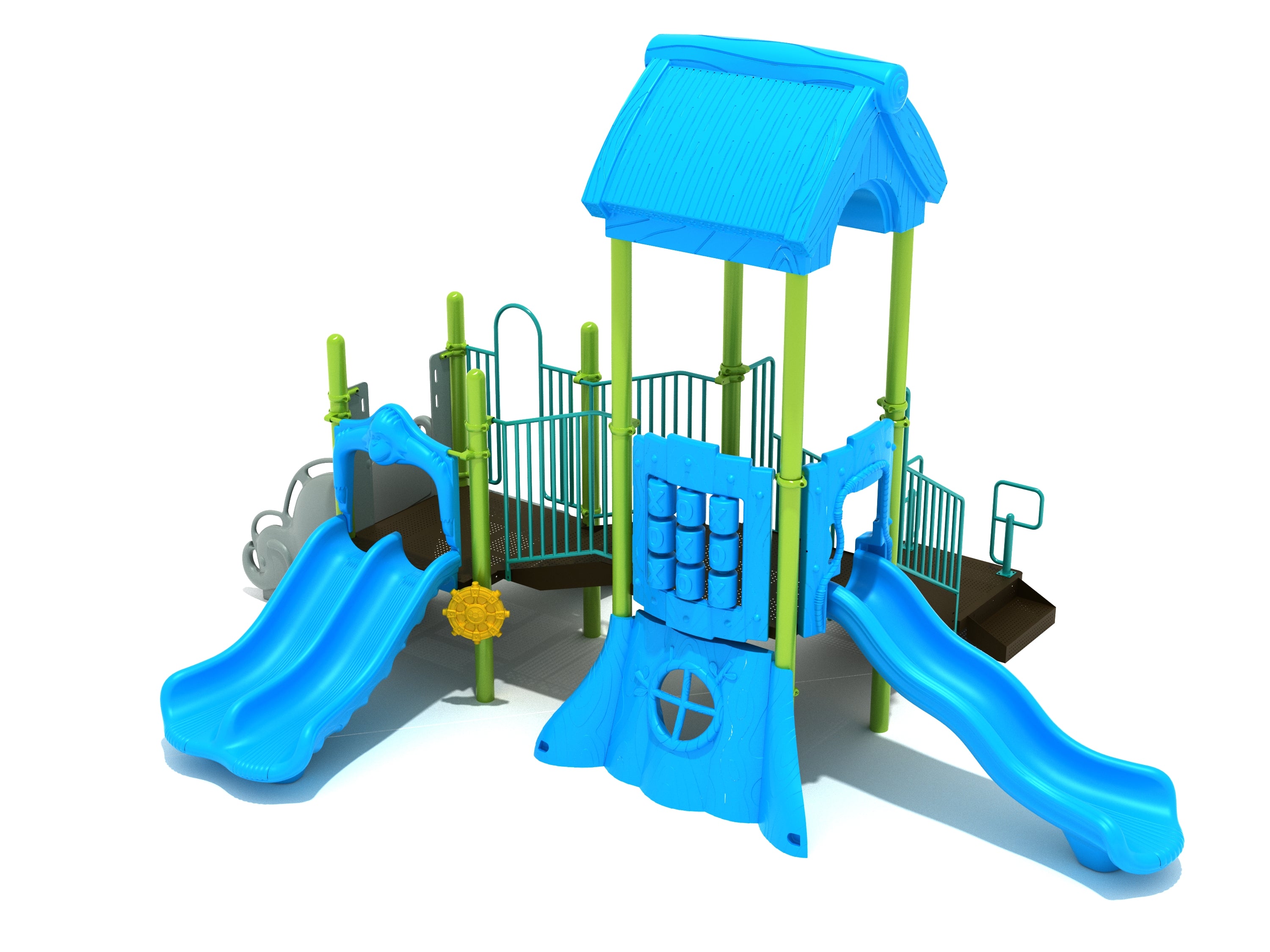 Bouncing Bobcat Playground with blue slides, green posts, tic-tac-toe panel, roofed play structure, and bobcat-shaped bounce element