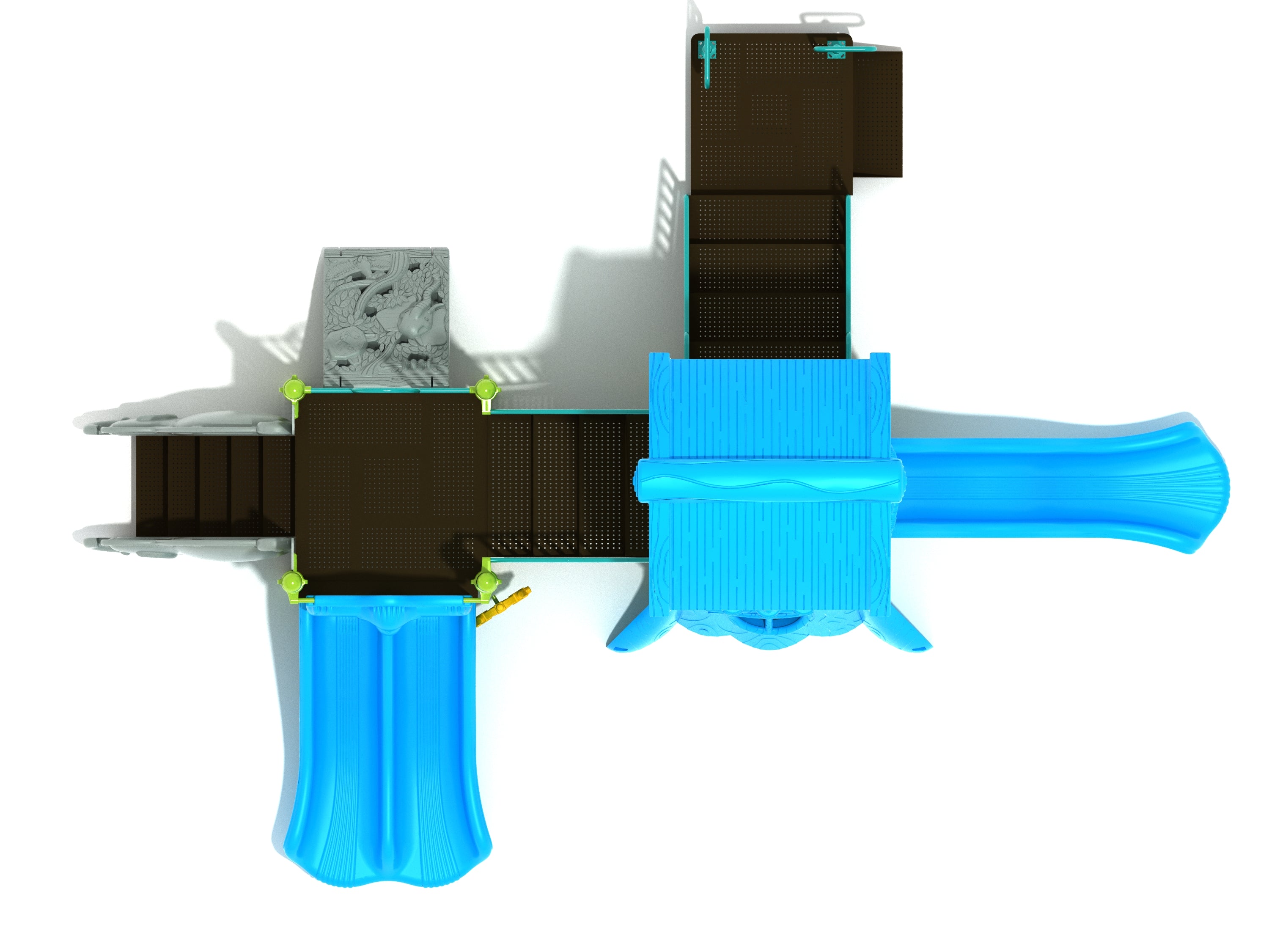 Overhead view of playground structure with blue slides, brown platforms, gray climbing wall featuring animal figures, and a bobcat-shaped bounce element