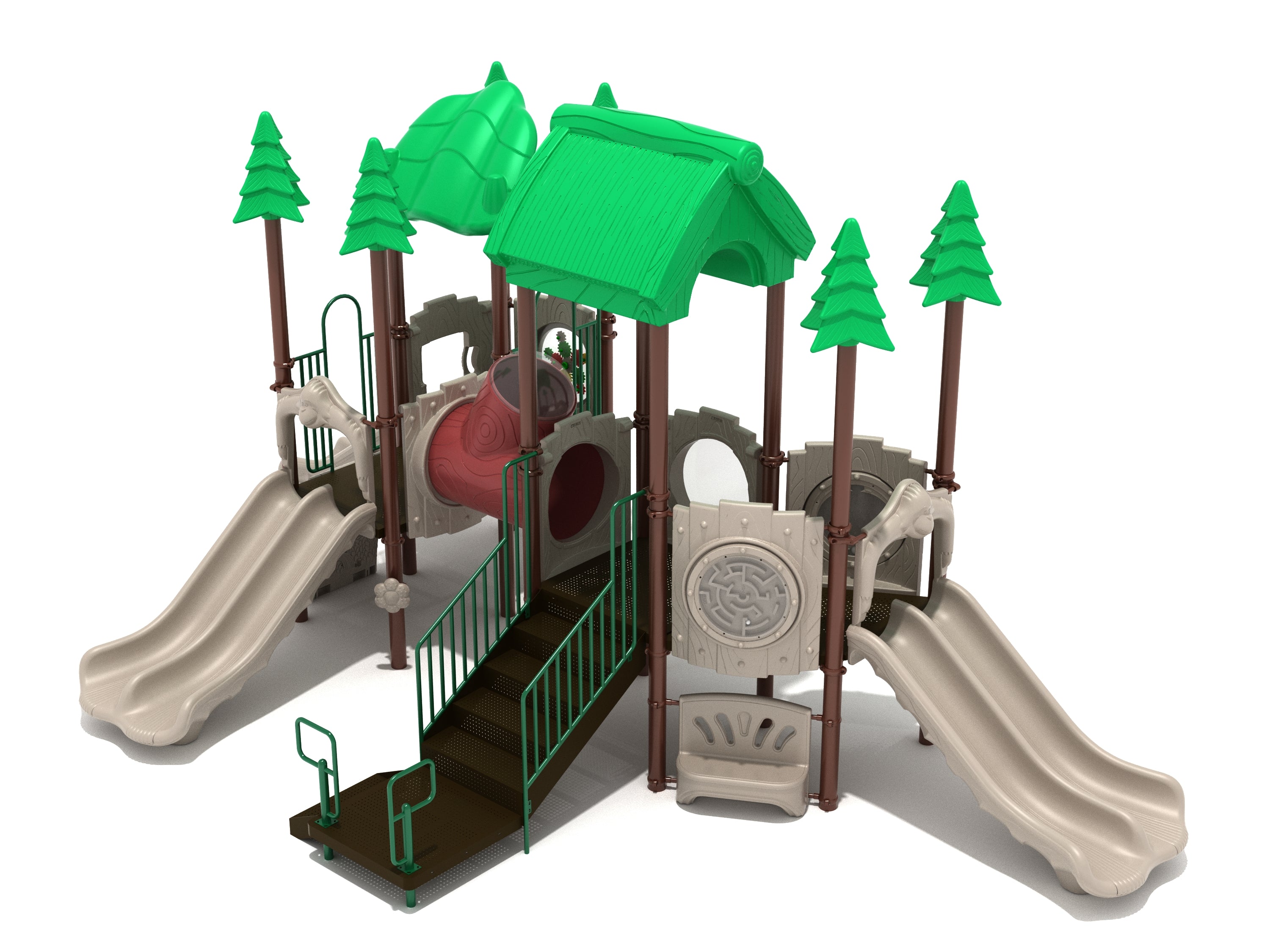 Turbo Turtle Playground with twin beige slides, red tunnel, green canopy on tree-like posts, activity panels, and stairs