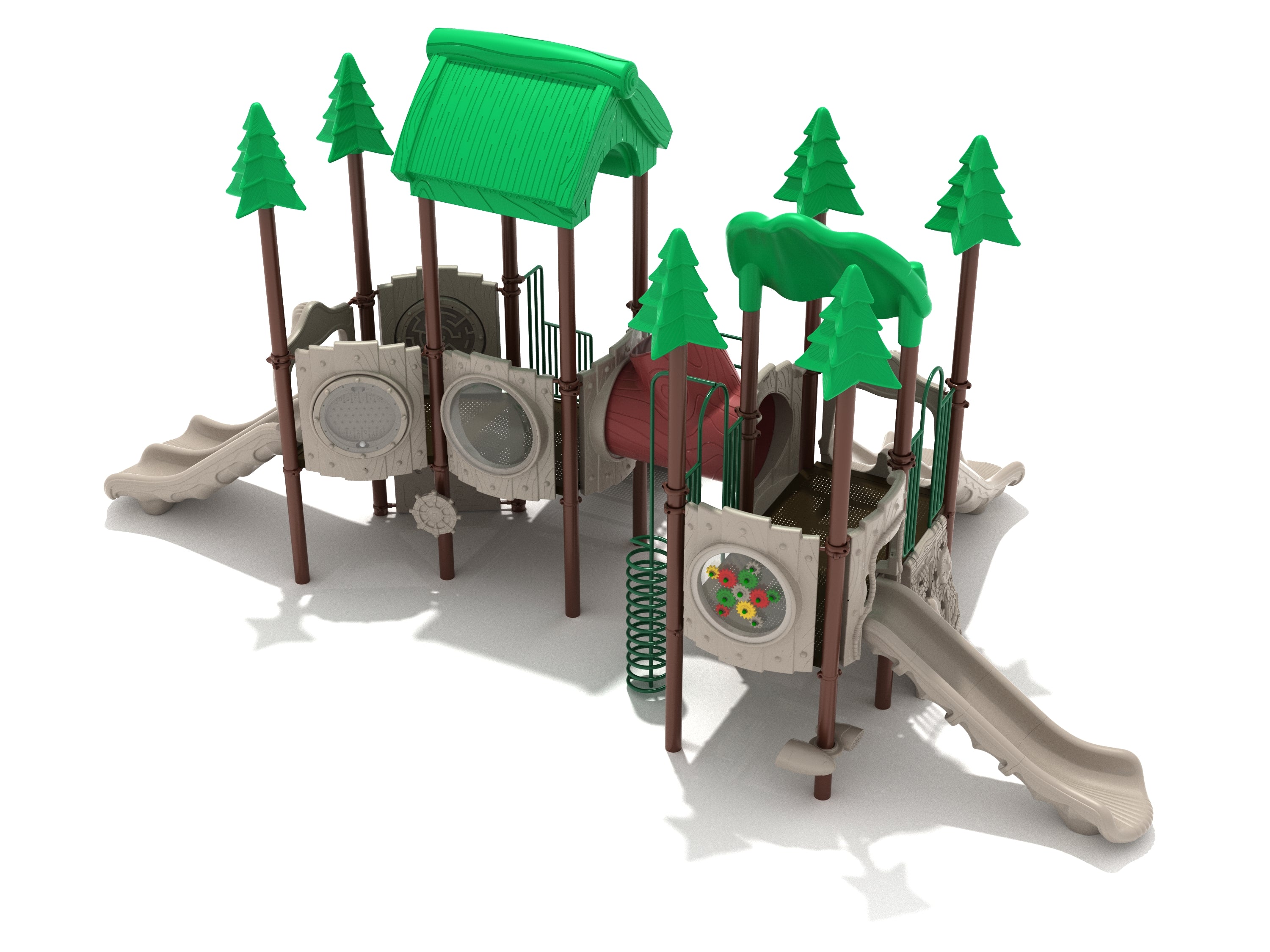 Turtle-themed playground with slides, climbing features, green tree-shaped canopies, and interactive play panels.
