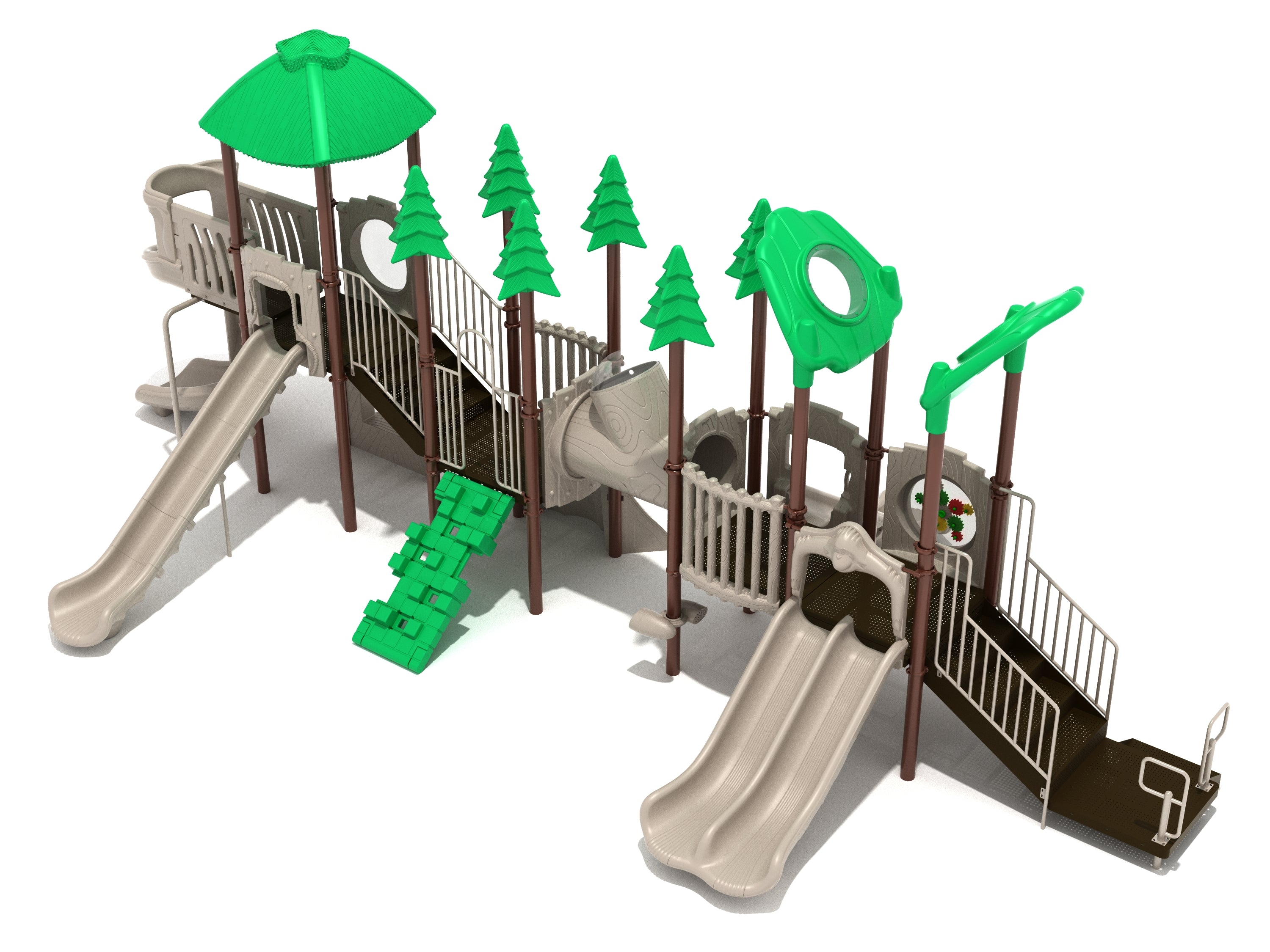 Comfy Chameleon Playground with green tree canopy, climbing wall, slides, and interactive outdoor play panels