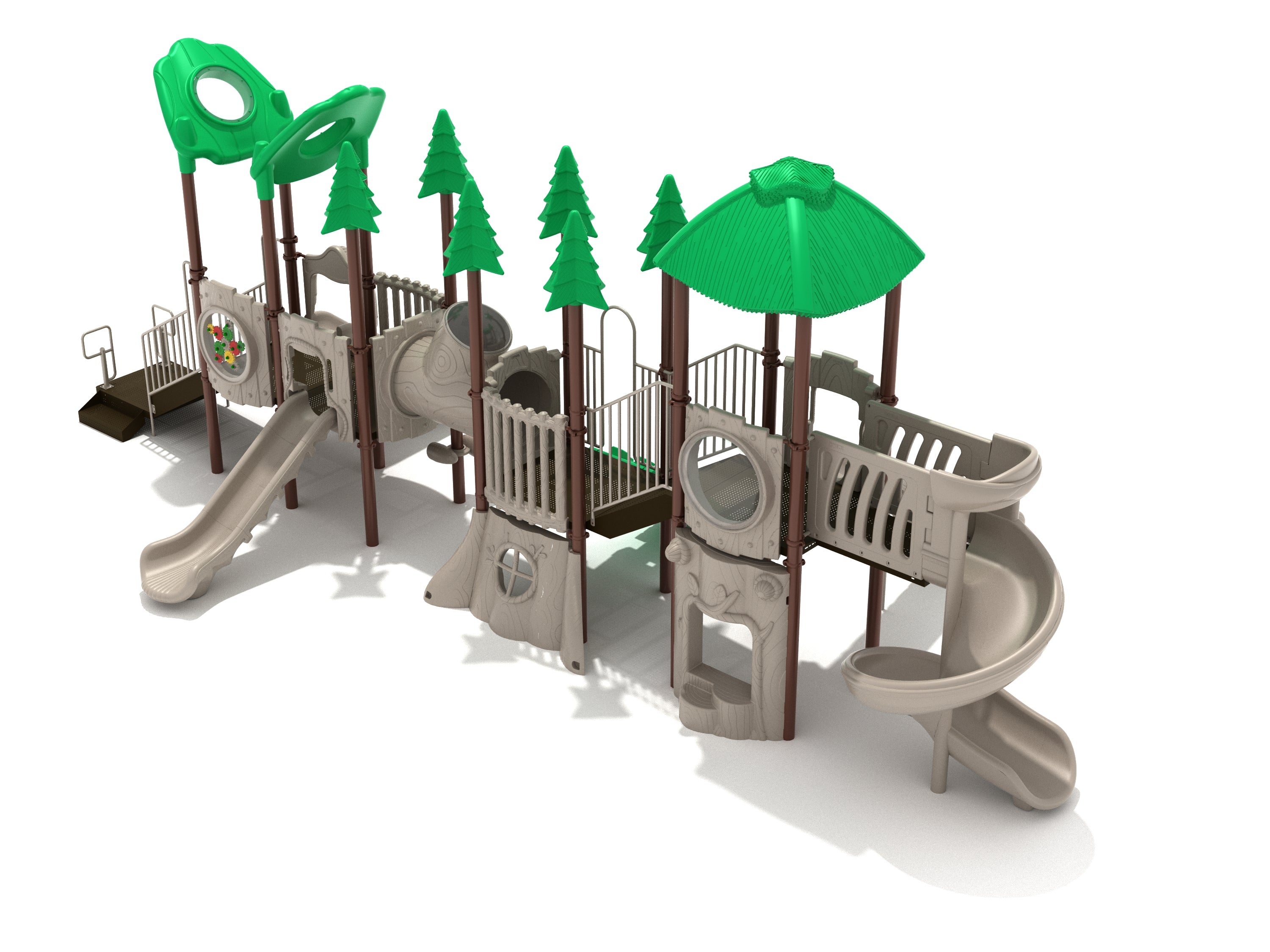 Outdoor playground with green tree-shaped roofs, beige slides, climbing elements, and tree trunk-themed panels.