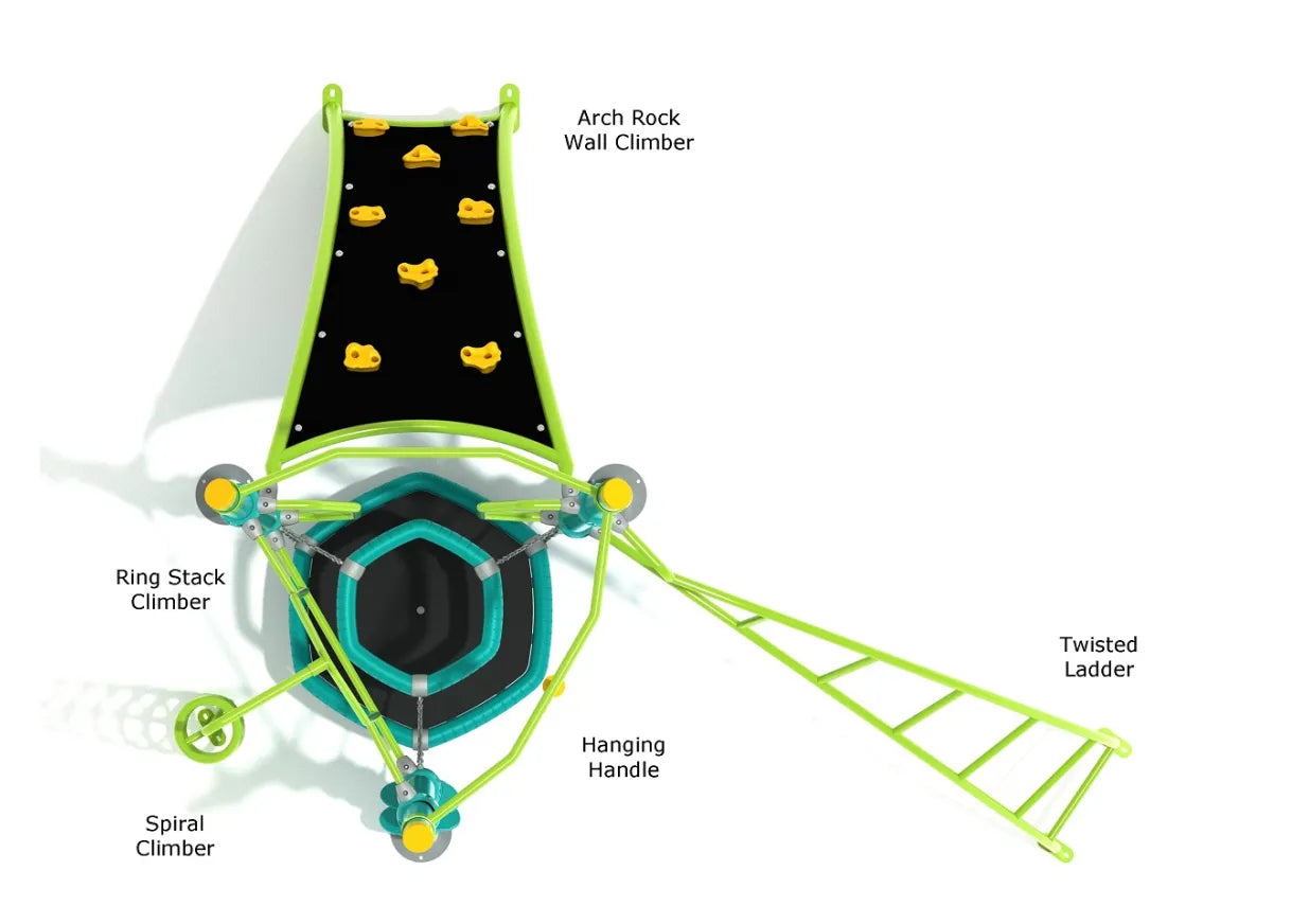 Overhead view of green and black playground obstacle course with arch rock wall, spiral climber, hanging handle, ring stack climber, and twisted ladder