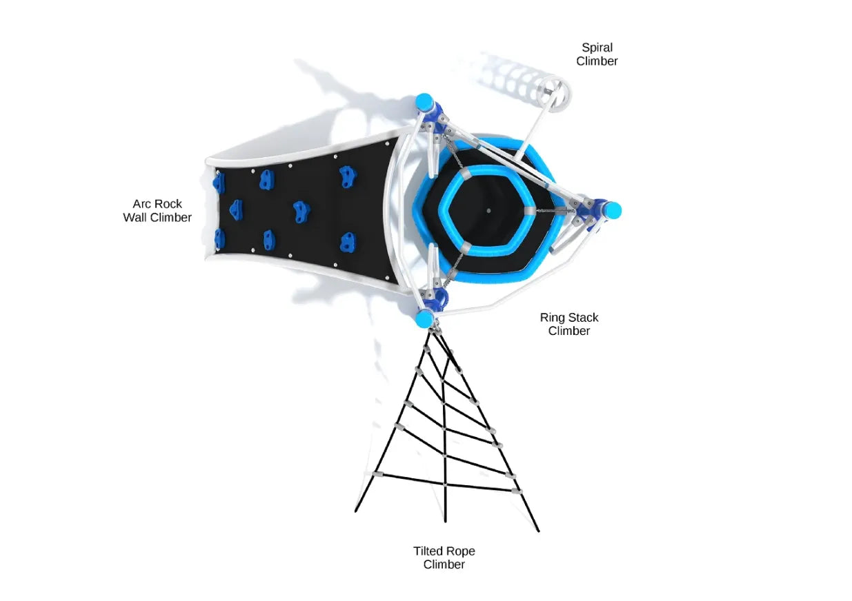 Overhead view of playground obstacle course with arc rock wall, spiral, ring stack, and tilted rope climbers in blue and black