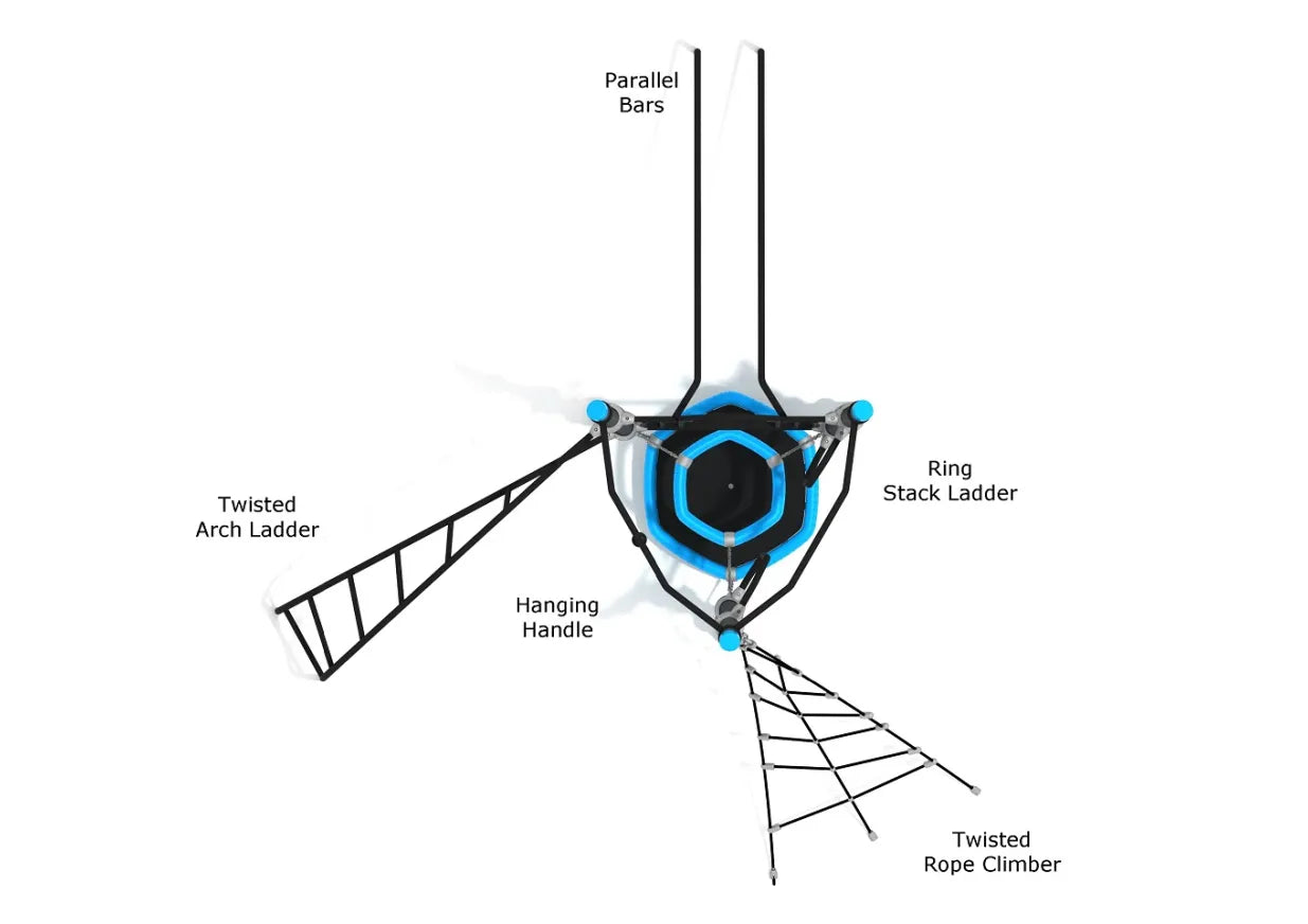 Overhead view of a triangular playground climber with parallel bars, ring stack ladder, twisted arch ladder, hanging handle, and twisted rope climber
