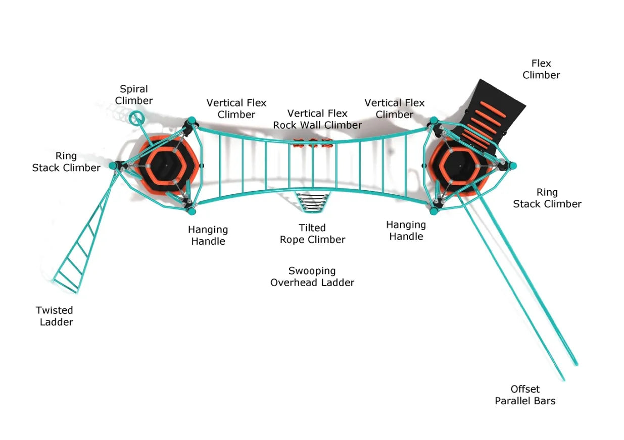 Overhead view of a turquoise and orange obstacle course playground with climbers, ladders, parallel bars, and a slide