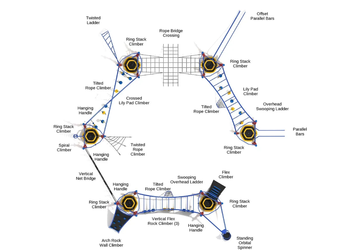 Overhead view of a large deckless playground obstacle course with rope bridges, climbers, ladders, and hanging handles