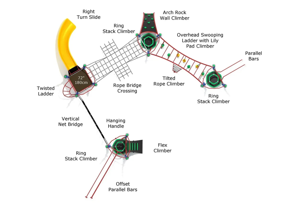 Overhead view of a large playground with slides, rope bridges, climbers, ladders, and parallel bars for active play