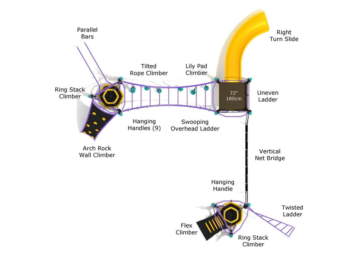 Overhead view of a colorful playground with interconnected climbing structures, rope bridges, ladders, and a curved slide in yellow and purple