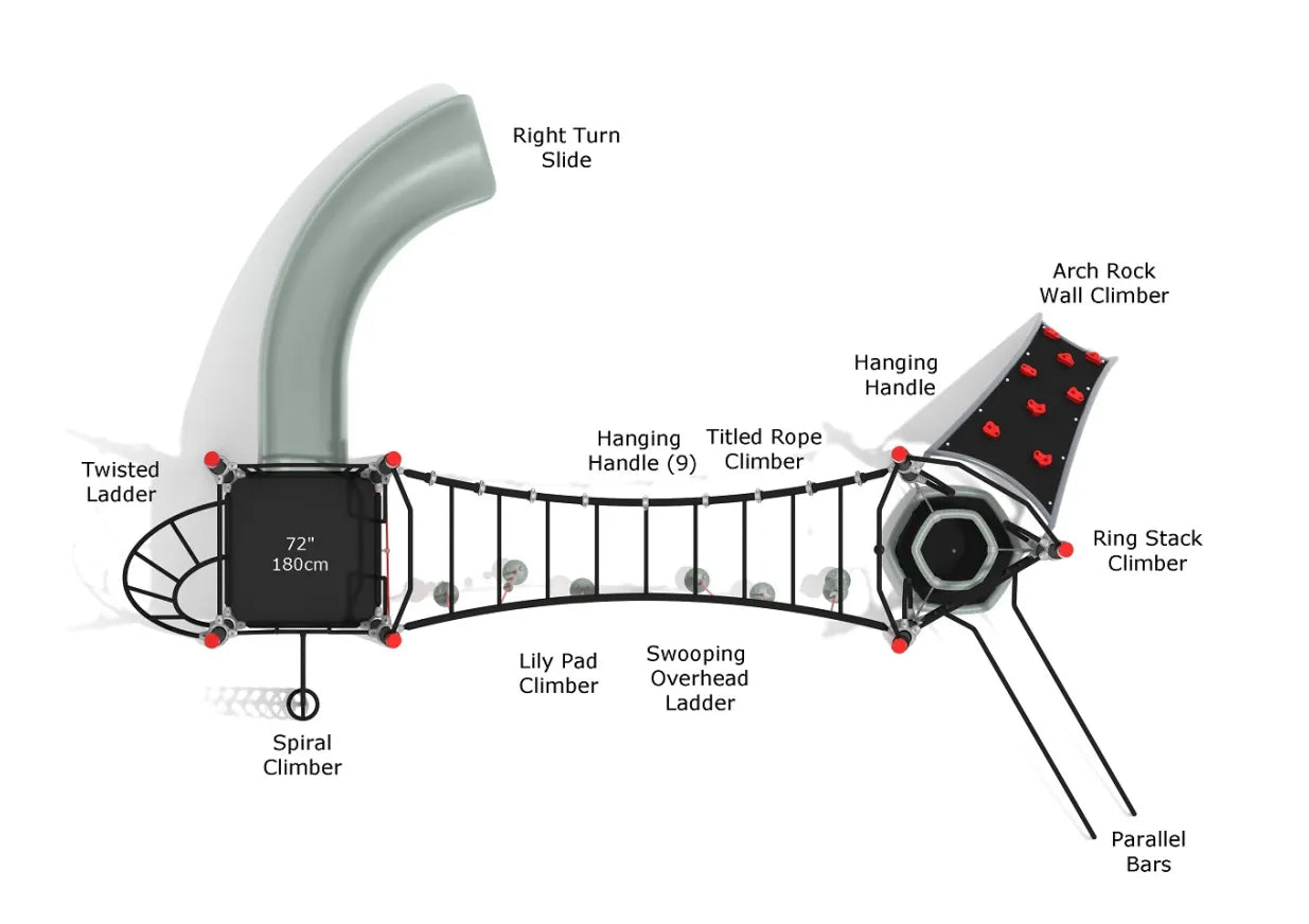 Overhead view of a deckless playground with rock wall, rope climbers, overhead ladder, parallel bars, and right turn slide