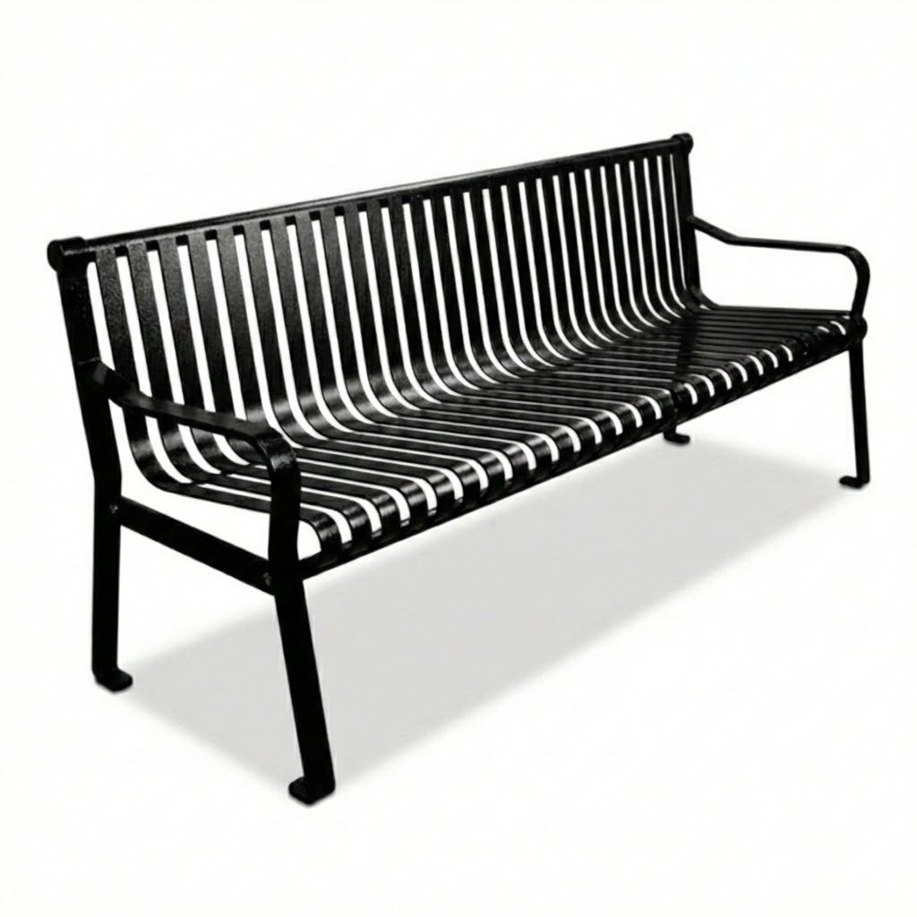 6' Commercial Slatted Steel Bench With Back in powder coated black, featuring contoured back, supportive arms, and open slat design