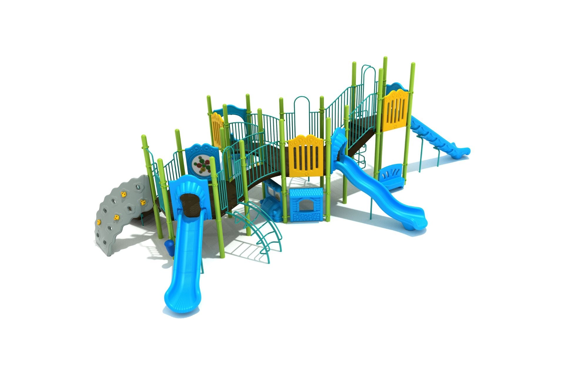 Parkview Heights Playground with multiple blue slides, climbing walls, bridges, and yellow play panels on green posts