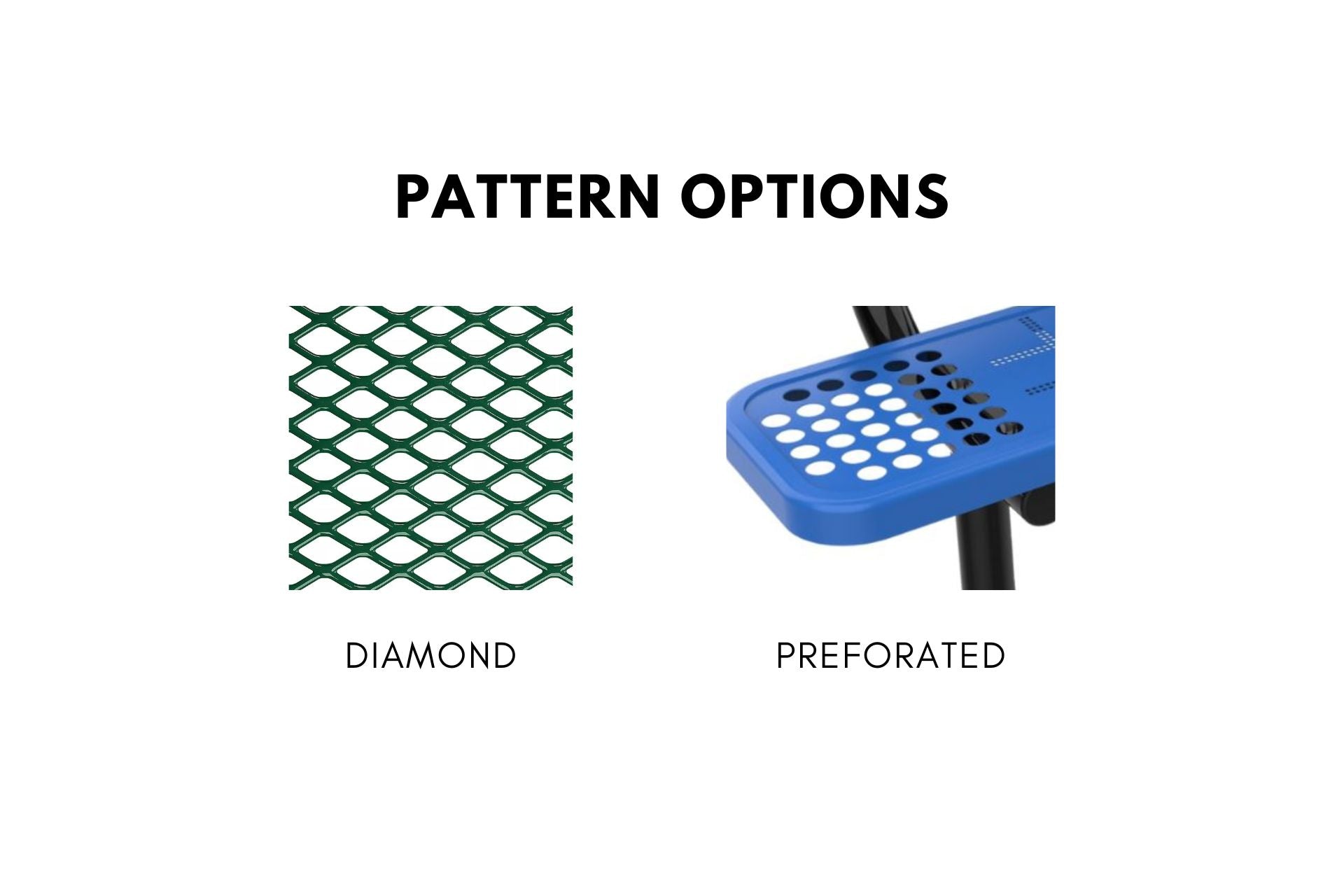 Close-up of two Buddy Bench seat patterns: green diamond mesh and blue perforated surface with circular holes.