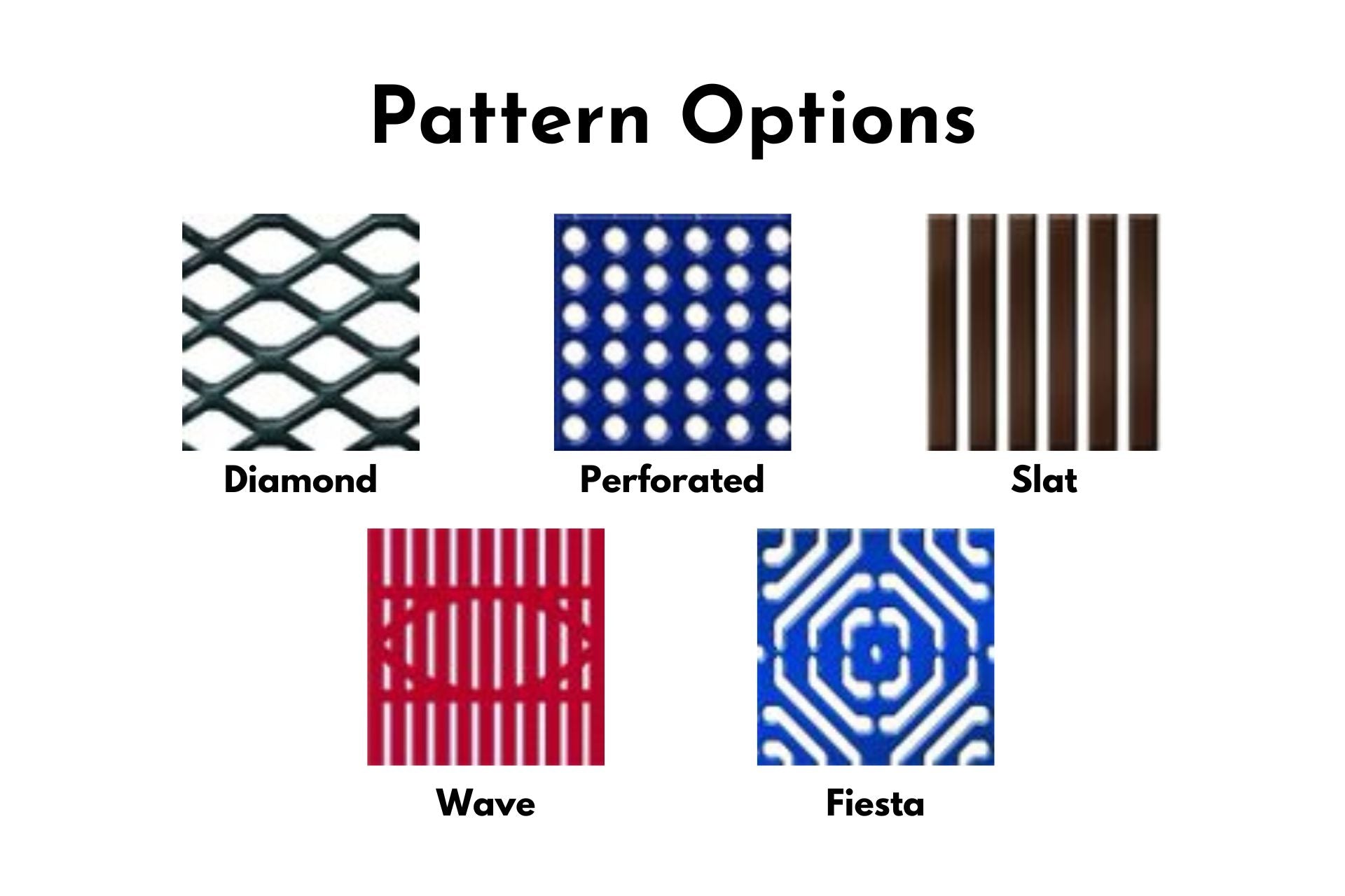 Five metal trash receptacles with distinct patterns: black diamond mesh, blue perforated circles, brown vertical slats, red wave stripes, and blue geometric fiesta design.