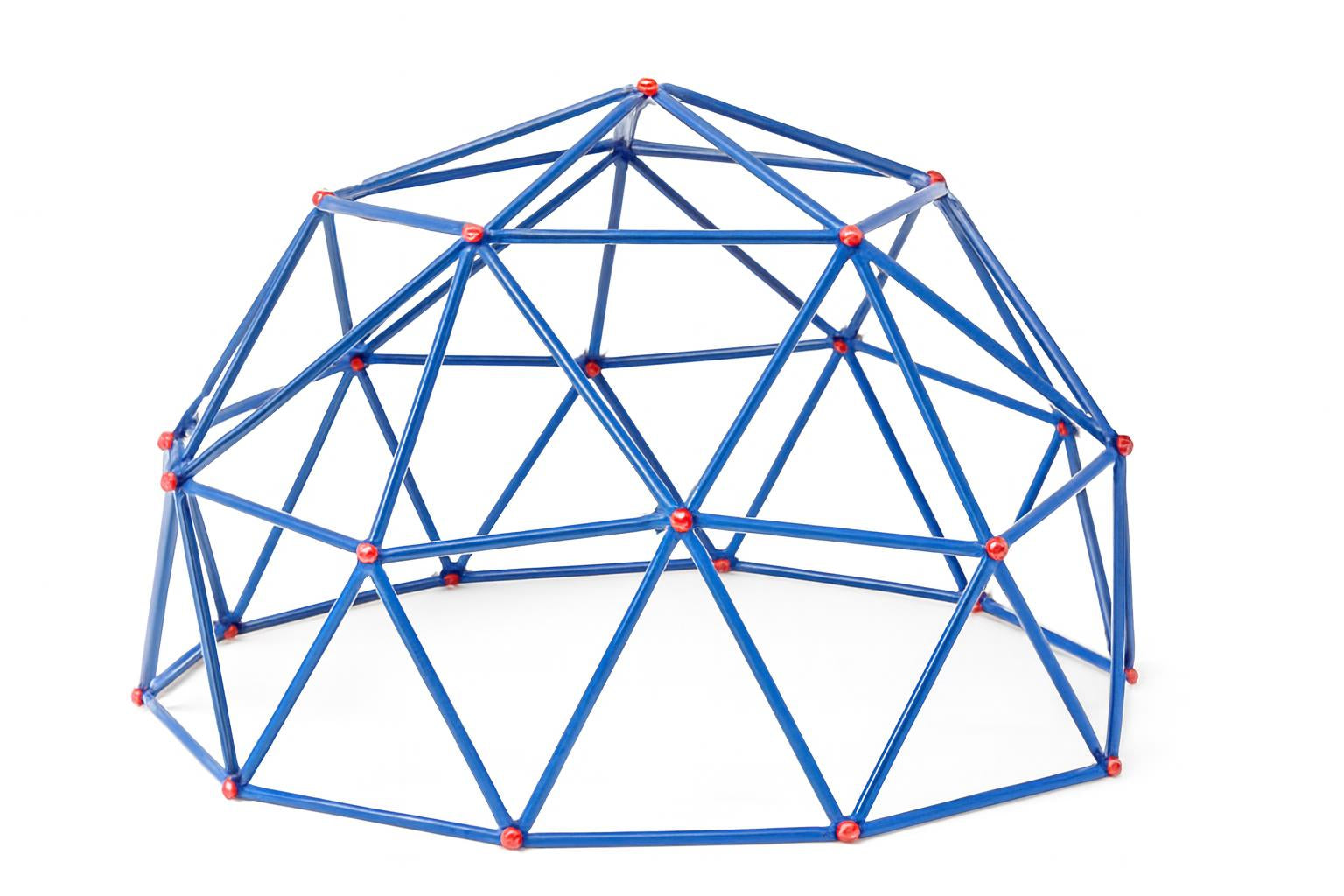 Geo Dome Climber with blue geodesic steel bars, red connectors, two children climbing on outdoor playground mulch