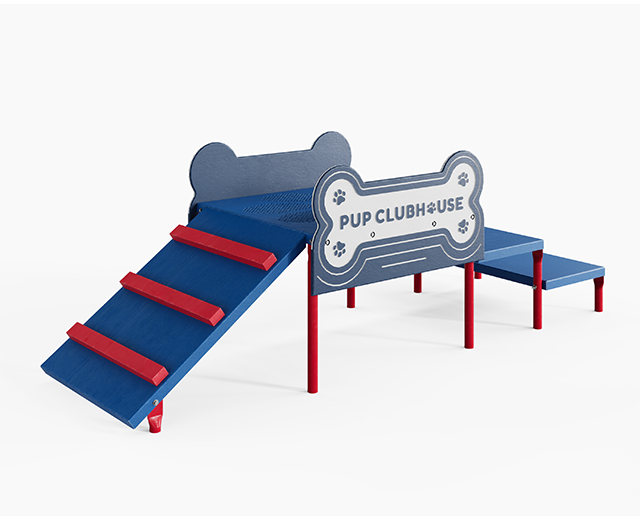 Mini Pup Clubhouse in-ground dog agility play structure with blue ramps, red steps, and bone-shaped dog-themed panel