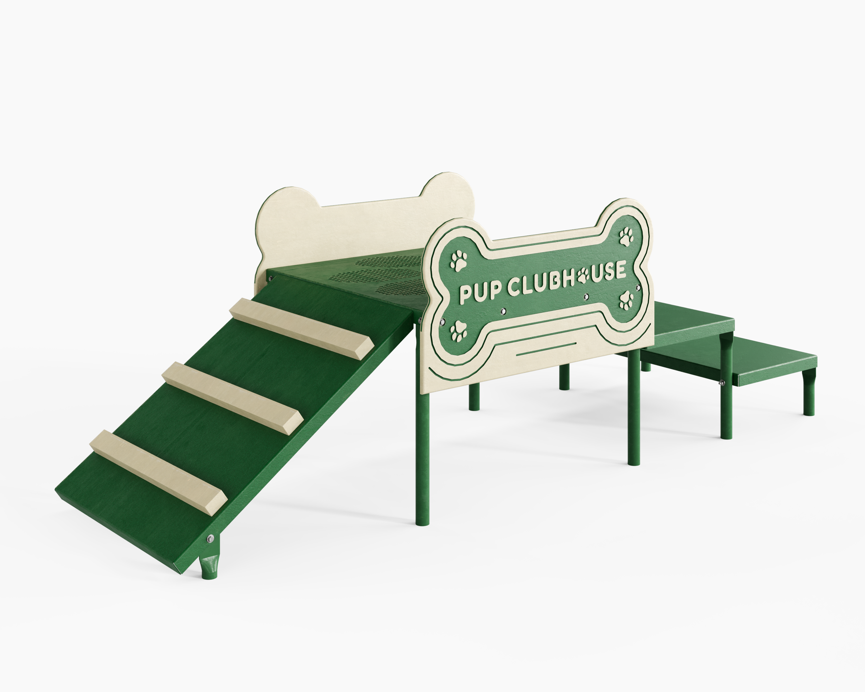 Green and beige outdoor dog agility ramp with bone-shaped panels and paw print details, slip-resistant surface