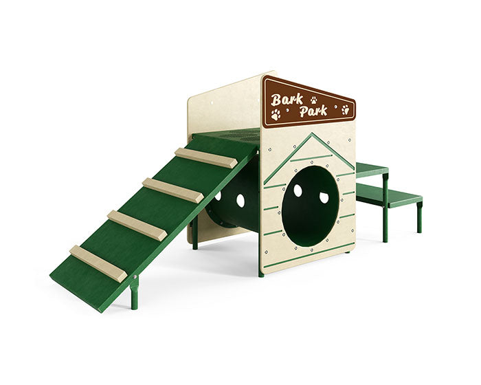 Natural-colored dog agility clubhouse with ramp, tunnel, steps, paw print, and dog-themed panel