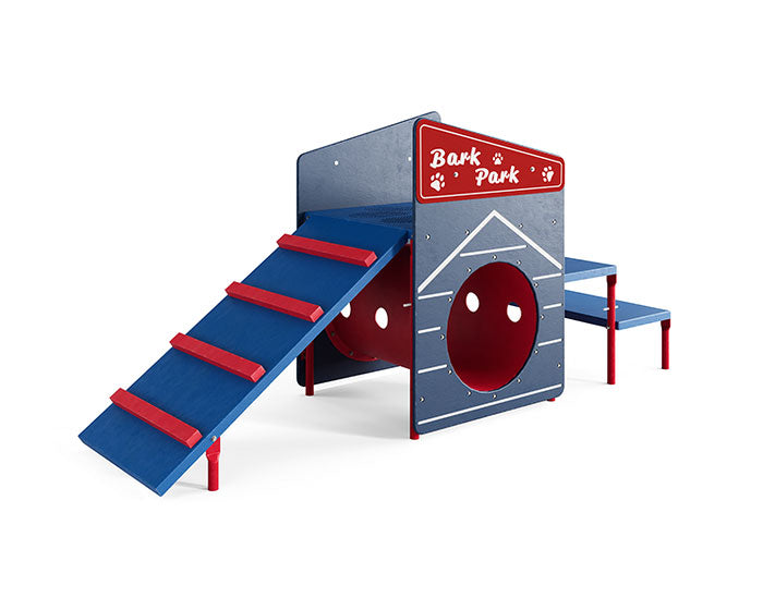Pup Clubhouse dog house with blue ramp, red climbing steps, circular tunnel, and dog-themed Bark Park panel