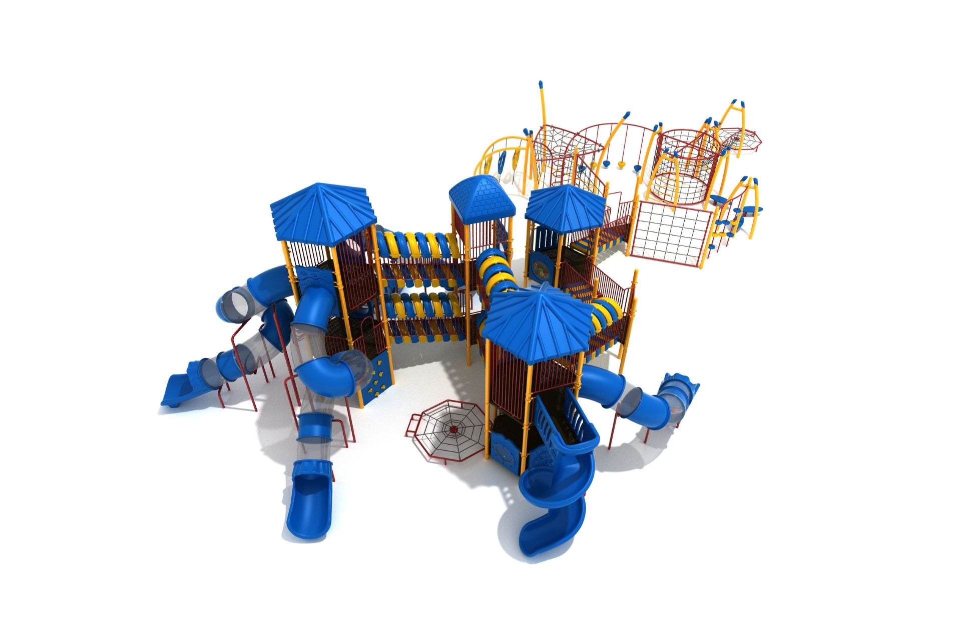 Peachtree Corners Playground large commercial play system with blue tube and spiral slides, bridges, net climbers, and playhouse towers