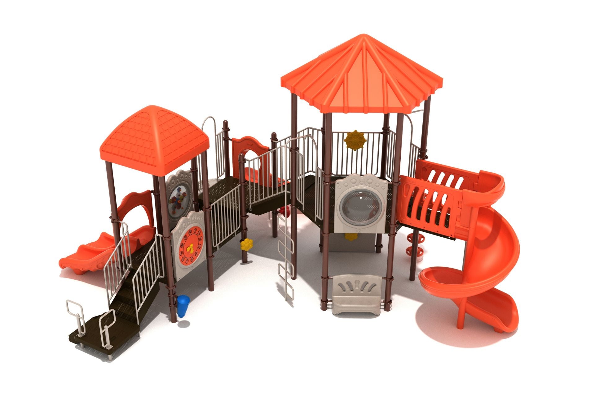 Pikes Peak Playground with orange roofs, spiral and double slides, climbers, sensory panels, and ADA-compliant play features