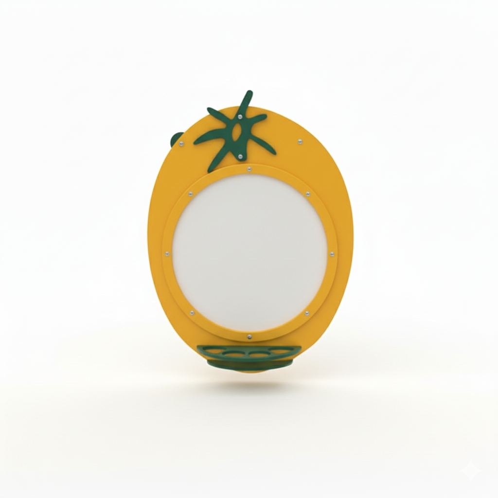 Yellow pineapple-shaped outdoor art panel with green leaf accents and circular drawing surface for children's creative play