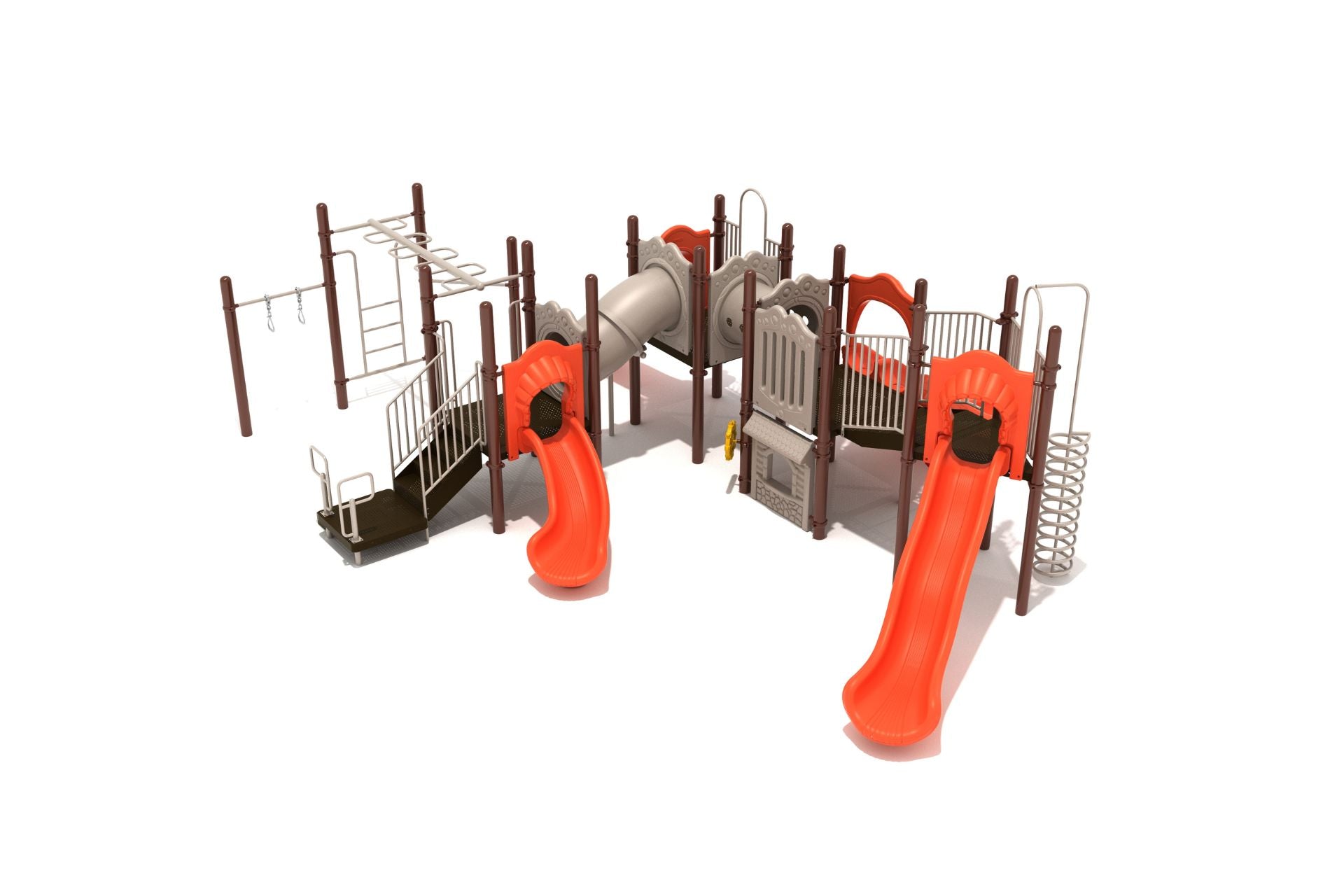 Pioneer Estates Playground with multiple slides, climbing structures, tube bridges, and fitness elements in brown and orange colors.