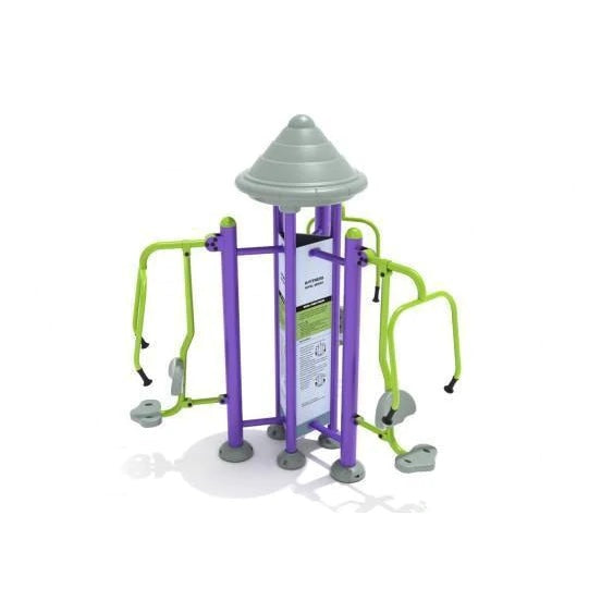 Outdoor fitness station with three chest press units, purple frame, green handles, and instructional panel
